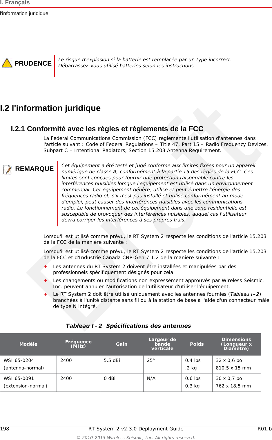 DraftR01.b RT System 2 v2.3.0 Deployment Guide 197&copy; 2010-2013 Wireless Seismic, Inc. All rights reserved.I. Fran&ccedil;aisBatteriesI.1.2.2 Chargeur de batterieLe chargeur de batterie au lithium-ion est con&ccedil;u pour fonctionner &agrave; partir d'une ligne de service simple 120 V c.a., 10 A.Le bloc d'alimentation servant &agrave; charger le bloc-batterie fournit une tension r&eacute;gul&eacute;e de 5 V c.c.Exemple I&ndash;2  Chargeur de batterieExemple I&ndash;3  &Eacute;tiquette avec num&eacute;ro de s&eacute;rie et voyant DEL