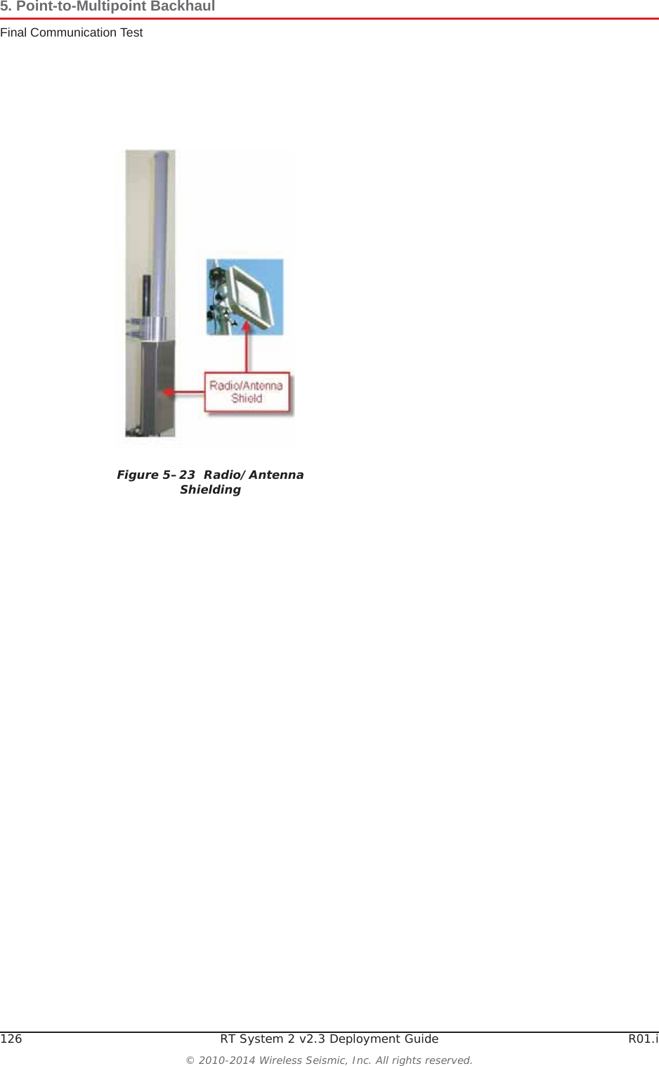 126 RT System 2 v2.3 Deployment Guide R01.i© 2010-2014 Wireless Seismic, Inc. All rights reserved.5. Point-to-Multipoint BackhaulFinal Communication TestFigure 5–23  Radio/Antenna Shielding