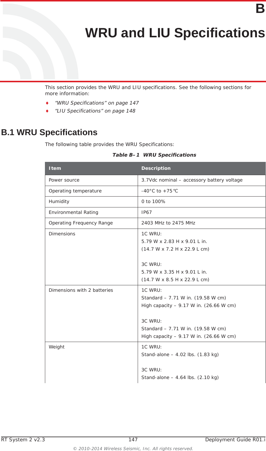 RT System 2 v2.3 147  Deployment Guide R01.i© 2010-2014 Wireless Seismic, Inc. All rights reserved.BB. WRU and LIU SpecificationsThis section provides the WRU and LIU specifications. See the following sections for more information:i“WRU Specifications” on page 147i“LIU Specifications” on page 148B.1 WRU SpecificationsThe following table provides the WRU Specifications:Table B–1  WRU SpecificationsItem DescriptionPower source 3.7Vdc nominal – accessory battery voltageOperating temperature -40°C to +75°CHumidity 0 to 100%Environmental Rating IP67Operating Frequency Range 2403 MHz to 2475 MHzDimensions 1C WRU:5.79 W x 2.83 H x 9.01 L in. (14.7 W x 7.2 H x 22.9 L cm)3C WRU:5.79 W x 3.35 H x 9.01 L in. (14.7 W x 8.5 H x 22.9 L cm)Dimensions with 2 batteries 1C WRU:Standard – 7.71 W in. (19.58 W cm)High capacity – 9.17 W in. (26.66 W cm)3C WRU:Standard – 7.71 W in. (19.58 W cm)High capacity – 9.17 W in. (26.66 W cm)Weight 1C WRU:Stand-alone – 4.02 lbs. (1.83 kg)3C WRU:Stand-alone – 4.64 lbs. (2.10 kg)