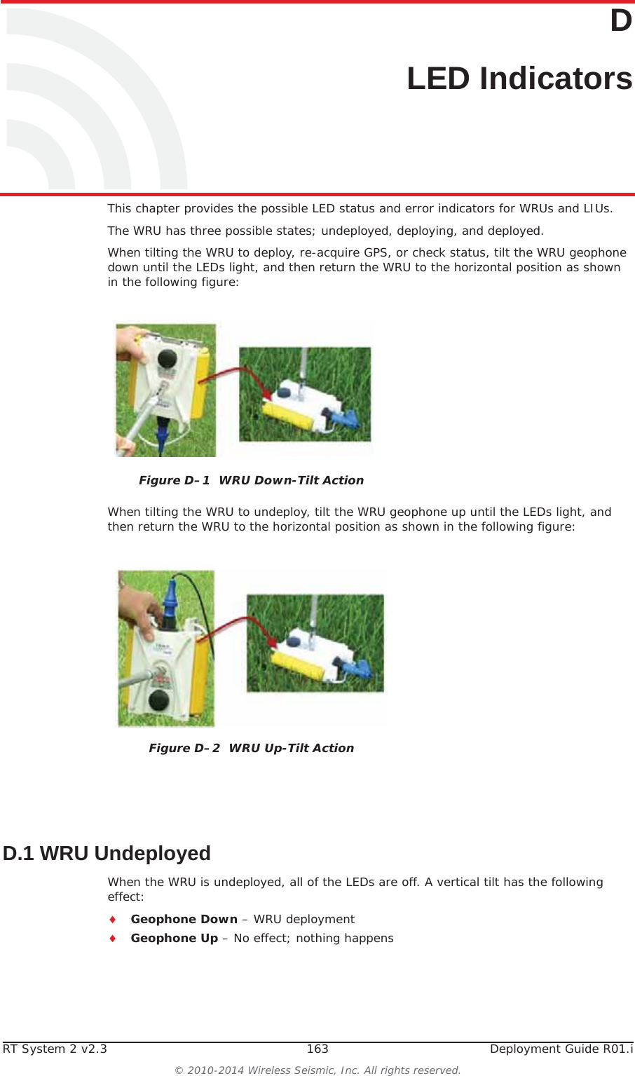 RT System 2 v2.3 163  Deployment Guide R01.i© 2010-2014 Wireless Seismic, Inc. All rights reserved.DD. LED IndicatorsThis chapter provides the possible LED status and error indicators for WRUs and LIUs.The WRU has three possible states; undeployed, deploying, and deployed. When tilting the WRU to deploy, re-acquire GPS, or check status, tilt the WRU geophone down until the LEDs light, and then return the WRU to the horizontal position as shown in the following figure:When tilting the WRU to undeploy, tilt the WRU geophone up until the LEDs light, and then return the WRU to the horizontal position as shown in the following figure:D.1 WRU Undeployed When the WRU is undeployed, all of the LEDs are off. A vertical tilt has the following effect:iGeophone Down – WRU deploymentiGeophone Up – No effect; nothing happensFigure D–1  WRU Down-Tilt ActionFigure D–2  WRU Up-Tilt Action