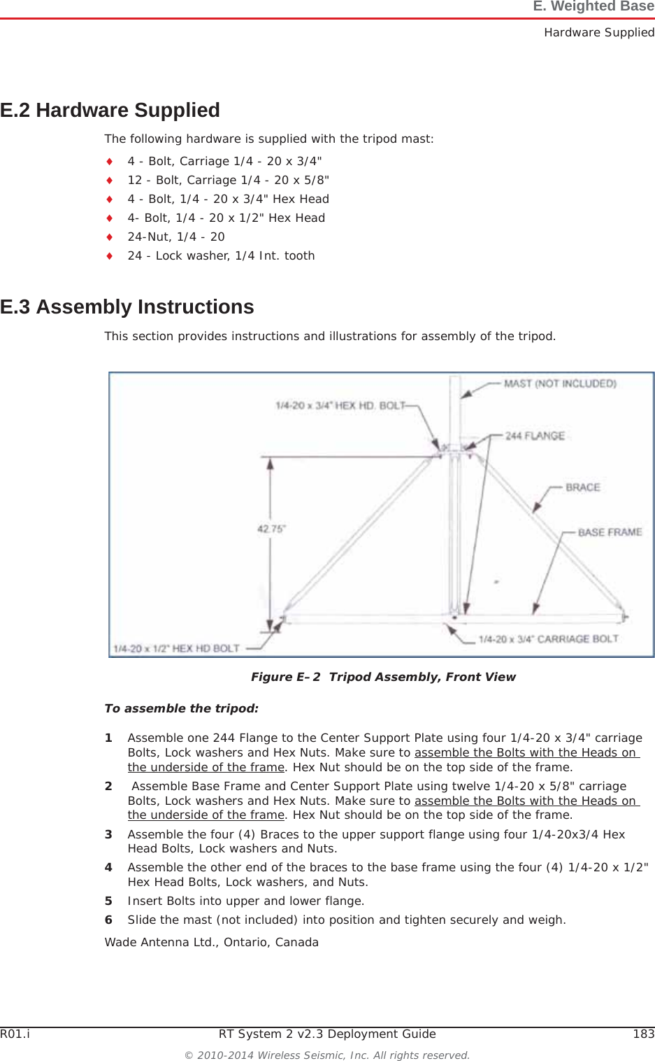 R01.i RT System 2 v2.3 Deployment Guide 183© 2010-2014 Wireless Seismic, Inc. All rights reserved.E. Weighted BaseHardware SuppliedE.2 Hardware SuppliedThe following hardware is supplied with the tripod mast:i4 - Bolt, Carriage 1/4 - 20 x 3/4&quot;i12 - Bolt, Carriage 1/4 - 20 x 5/8&quot;i4 - Bolt, 1/4 - 20 x 3/4&quot; Hex Headi4- Bolt, 1/4 - 20 x 1/2&quot; Hex Headi24-Nut, 1/4 - 20i24 - Lock washer, 1/4 Int. toothE.3 Assembly InstructionsThis section provides instructions and illustrations for assembly of the tripod.To assemble the tripod:1Assemble one 244 Flange to the Center Support Plate using four 1/4-20 x 3/4&quot; carriage Bolts, Lock washers and Hex Nuts. Make sure to assemble the Bolts with the Heads on the underside of the frame. Hex Nut should be on the top side of the frame. 2 Assemble Base Frame and Center Support Plate using twelve 1/4-20 x 5/8&quot; carriage Bolts, Lock washers and Hex Nuts. Make sure to assemble the Bolts with the Heads on the underside of the frame. Hex Nut should be on the top side of the frame.3Assemble the four (4) Braces to the upper support flange using four 1/4-20x3/4 Hex Head Bolts, Lock washers and Nuts.4Assemble the other end of the braces to the base frame using the four (4) 1/4-20 x 1/2&quot; Hex Head Bolts, Lock washers, and Nuts.5Insert Bolts into upper and lower flange.6Slide the mast (not included) into position and tighten securely and weigh.Wade Antenna Ltd., Ontario, CanadaFigure E–2  Tripod Assembly, Front View