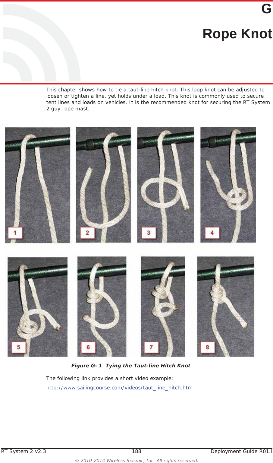RT System 2 v2.3 188  Deployment Guide R01.i© 2010-2014 Wireless Seismic, Inc. All rights reserved.GG. Rope KnotThis chapter shows how to tie a taut-line hitch knot. This loop knot can be adjusted to loosen or tighten a line, yet holds under a load. This knot is commonly used to secure tent lines and loads on vehicles. It is the recommended knot for securing the RT System 2 guy rope mast.The following link provides a short video example:http://www.sailingcourse.com/videos/taut_line_hitch.htmFigure G–1  Tying the Taut-line Hitch Knot