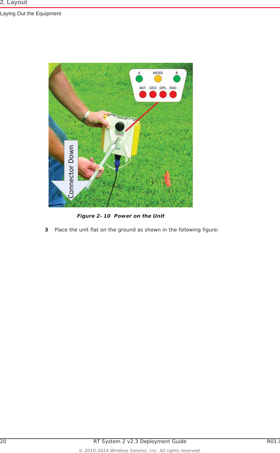20 RT System 2 v2.3 Deployment Guide R01.i© 2010-2014 Wireless Seismic, Inc. All rights reserved.2. LayoutLaying Out the Equipment3Place the unit flat on the ground as shown in the following figure:Figure 2–10  Power on the Unit