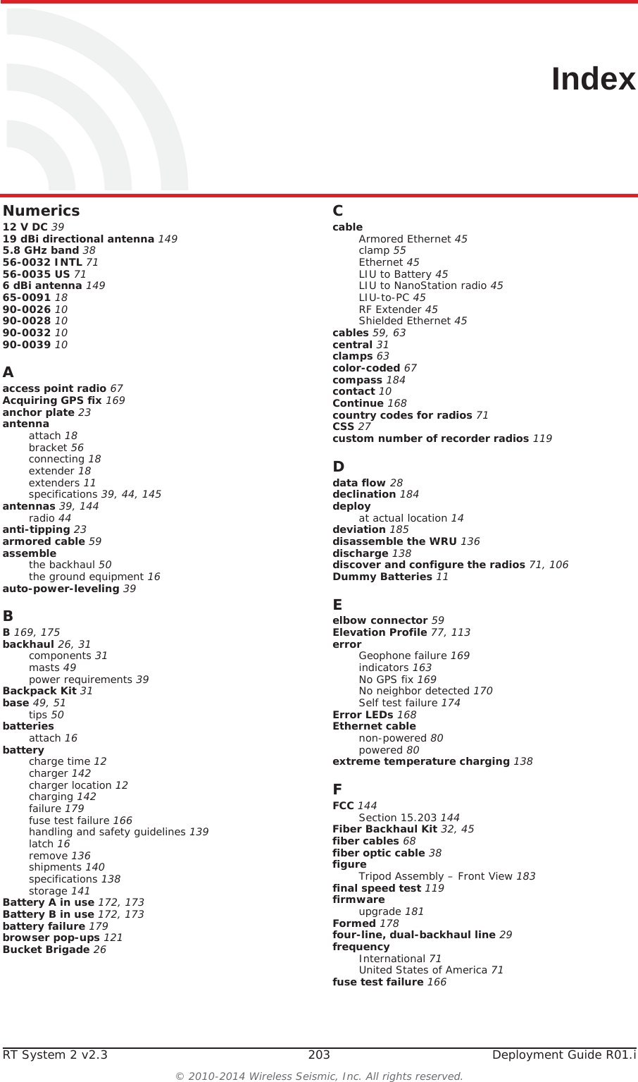 RT System 2 v2.3 203  Deployment Guide R01.i© 2010-2014 Wireless Seismic, Inc. All rights reserved.IndexNumerics12 V DC 3919 dBi directional antenna 1495.8 GHz band 3856-0032 INTL 7156-0035 US 716 dBi antenna 14965-0091 1890-0026 1090-0028 1090-0032 1090-0039 10Aaccess point radio 67Acquiring GPS fix 169anchor plate 23antennaattach 18bracket 56connecting 18extender 18extenders 11specifications 39, 44, 145antennas 39, 144radio 44anti-tipping 23armored cable 59assemblethe backhaul 50the ground equipment 16auto-power-leveling 39BB 169, 175backhaul 26, 31components 31masts 49power requirements 39Backpack Kit 31base 49, 51tips 50batteriesattach 16batterycharge time 12charger 142charger location 12charging 142failure 179fuse test failure 166handling and safety guidelines 139latch 16remove 136shipments 140specifications 138storage 141Battery A in use 172, 173Battery B in use 172, 173battery failure 179browser pop-ups 121Bucket Brigade 26CcableArmored Ethernet 45clamp 55Ethernet 45LIU to Battery 45LIU to NanoStation radio 45LIU-to-PC 45RF Extender 45Shielded Ethernet 45cables 59, 63central 31clamps 63color-coded 67compass 184contact 10Continue 168country codes for radios 71CSS 27custom number of recorder radios 119Ddata flow 28declination 184deployat actual location 14deviation 185disassemble the WRU 136discharge 138discover and configure the radios 71, 106Dummy Batteries 11Eelbow connector 59Elevation Profile 77, 113errorGeophone failure 169indicators 163No GPS fix 169No neighbor detected 170Self test failure 174Error LEDs 168Ethernet cablenon-powered 80powered 80extreme temperature charging 138FFCC 144Section 15.203 144Fiber Backhaul Kit 32, 45fiber cables 68fiber optic cable 38figureTripod Assembly – Front View 183final speed test 119firmwareupgrade 181Formed 178four-line, dual-backhaul line 29frequencyInternational 71United States of America 71fuse test failure 166