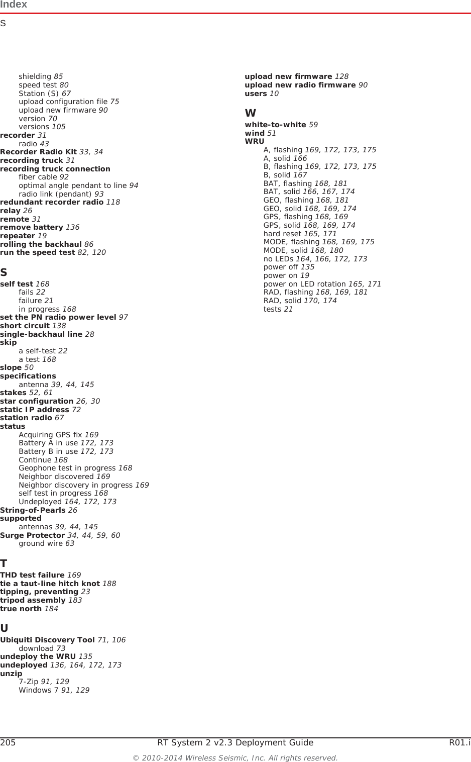 IndexS205 RT System 2 v2.3 Deployment Guide R01.i© 2010-2014 Wireless Seismic, Inc. All rights reserved.shielding 85speed test 80Station (S) 67upload configuration file 75upload new firmware 90version 70versions 105recorder 31radio 43Recorder Radio Kit 33, 34recording truck 31recording truck connectionfiber cable 92optimal angle pendant to line 94radio link (pendant) 93redundant recorder radio 118relay 26remote 31remove battery 136repeater 19rolling the backhaul 86run the speed test 82, 120Sself test 168fails 22failure 21in progress 168set the PN radio power level 97short circuit 138single-backhaul line 28skip a self-test 22a test 168slope 50specificationsantenna 39, 44, 145stakes 52, 61star configuration 26, 30static IP address 72station radio 67statusAcquiring GPS fix 169Battery A in use 172, 173Battery B in use 172, 173Continue 168Geophone test in progress 168Neighbor discovered 169Neighbor discovery in progress 169self test in progress 168Undeployed 164, 172, 173String-of-Pearls 26supportedantennas 39, 44, 145Surge Protector 34, 44, 59, 60ground wire 63TTHD test failure 169tie a taut-line hitch knot 188tipping, preventing 23tripod assembly 183true north 184UUbiquiti Discovery Tool 71, 106download 73undeploy the WRU 135undeployed 136, 164, 172, 173unzip7-Zip 91, 129Windows 7 91, 129upload new firmware 128upload new radio firmware 90users 10Wwhite-to-white 59wind 51WRUA, flashing 169, 172, 173, 175A, solid 166B, flashing 169, 172, 173, 175B, solid 167BAT, flashing 168, 181BAT, solid 166, 167, 174GEO, flashing 168, 181GEO, solid 168, 169, 174GPS, flashing 168, 169GPS, solid 168, 169, 174hard reset 165, 171MODE, flashing 168, 169, 175MODE, solid 168, 180no LEDs 164, 166, 172, 173power off 135power on 19power on LED rotation 165, 171RAD, flashing 168, 169, 181RAD, solid 170, 174tests 21