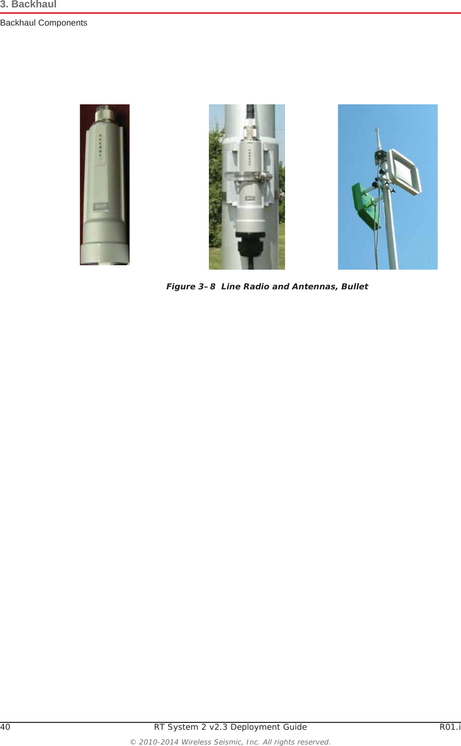 40 RT System 2 v2.3 Deployment Guide R01.i© 2010-2014 Wireless Seismic, Inc. All rights reserved.3. BackhaulBackhaul ComponentsFigure 3–8  Line Radio and Antennas, Bullet