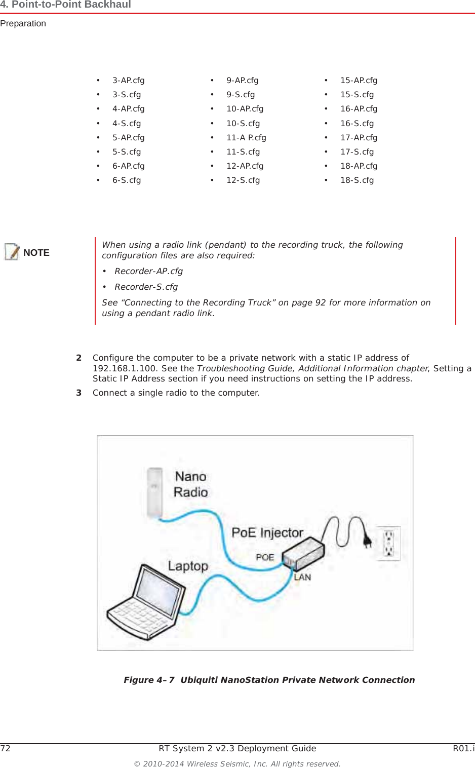 72 RT System 2 v2.3 Deployment Guide R01.i© 2010-2014 Wireless Seismic, Inc. All rights reserved.4. Point-to-Point BackhaulPreparation2Configure the computer to be a private network with a static IP address of 192.168.1.100. See the Troubleshooting Guide, Additional Information chapter, Setting a Static IP Address section if you need instructions on setting the IP address.3Connect a single radio to the computer.•3-AP.cfg •9-AP.cfg •15-AP.cfg•3-S.cfg •9-S.cfg •15-S.cfg• 4-AP.cfg • 10-AP.cfg • 16-AP.cfg•4-S.cfg •10-S.cfg •16-S.cfg• 5-AP.cfg • 11-A P.cfg • 17-AP.cfg•5-S.cfg •11-S.cfg •17-S.cfg• 6-AP.cfg • 12-AP.cfg • 18-AP.cfg•6-S.cfg •12-S.cfg •18-S.cfgNOTE When using a radio link (pendant) to the recording truck, the following configuration files are also required:• Recorder-AP.cfg•Recorder-S.cfgSee “Connecting to the Recording Truck” on page 92 for more information on using a pendant radio link.Figure 4–7  Ubiquiti NanoStation Private Network Connection