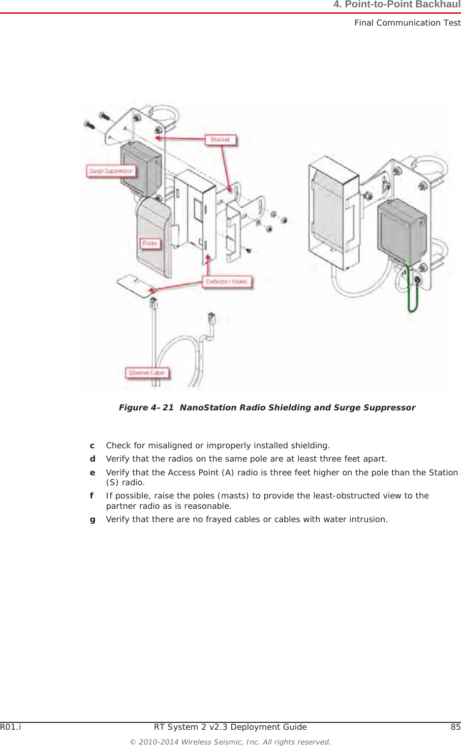 R01.i RT System 2 v2.3 Deployment Guide 85© 2010-2014 Wireless Seismic, Inc. All rights reserved.4. Point-to-Point BackhaulFinal Communication TestcCheck for misaligned or improperly installed shielding.dVerify that the radios on the same pole are at least three feet apart.eVerify that the Access Point (A) radio is three feet higher on the pole than the Station (S) radio.fIf possible, raise the poles (masts) to provide the least-obstructed view to the partner radio as is reasonable.gVerify that there are no frayed cables or cables with water intrusion.Figure 4–21  NanoStation Radio Shielding and Surge Suppressor