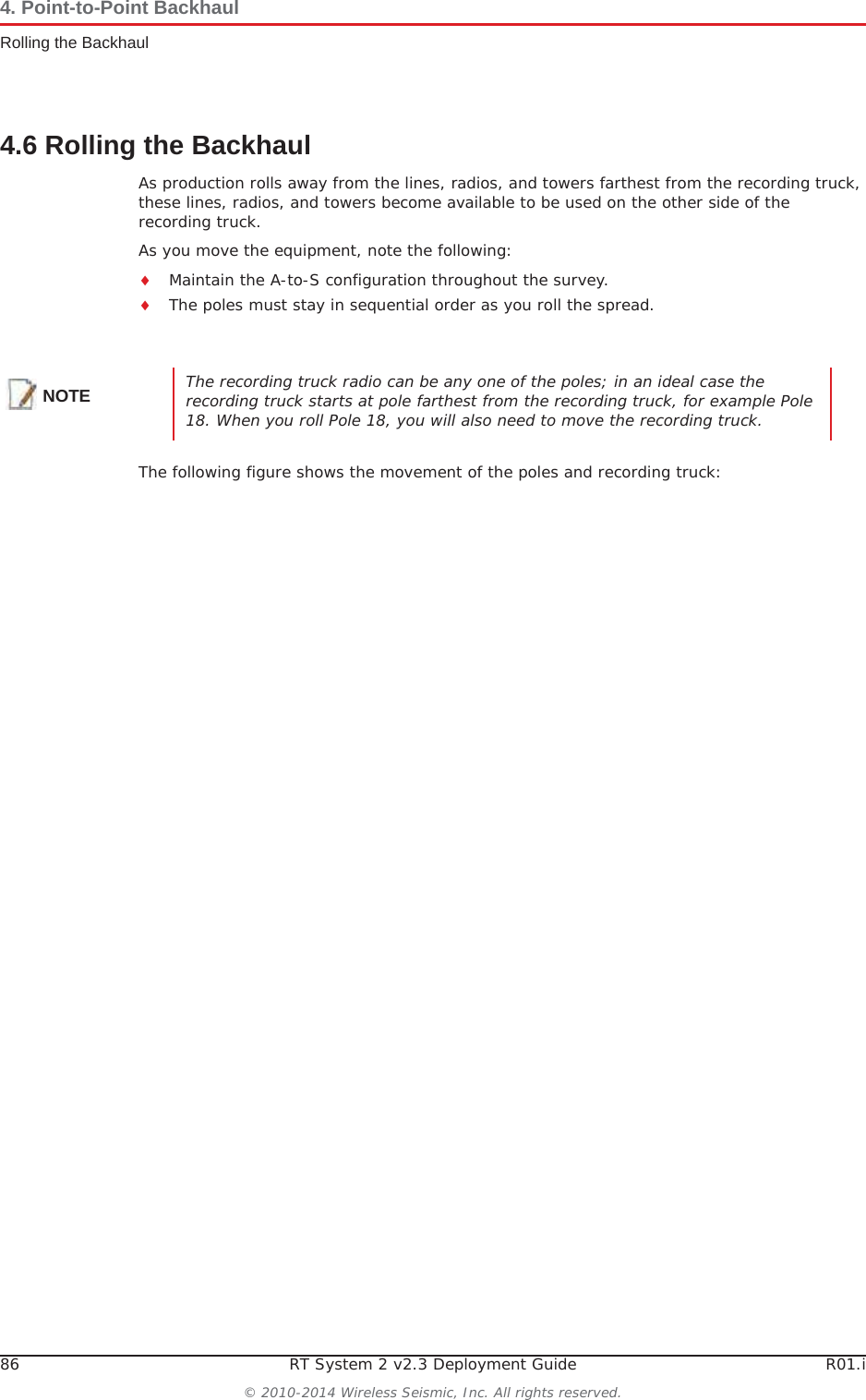 86 RT System 2 v2.3 Deployment Guide R01.i© 2010-2014 Wireless Seismic, Inc. All rights reserved.4. Point-to-Point BackhaulRolling the Backhaul4.6 Rolling the BackhaulAs production rolls away from the lines, radios, and towers farthest from the recording truck, these lines, radios, and towers become available to be used on the other side of the recording truck.As you move the equipment, note the following:iMaintain the A-to-S configuration throughout the survey.iThe poles must stay in sequential order as you roll the spread.The following figure shows the movement of the poles and recording truck:NOTE The recording truck radio can be any one of the poles; in an ideal case the recording truck starts at pole farthest from the recording truck, for example Pole 18. When you roll Pole 18, you will also need to move the recording truck. 