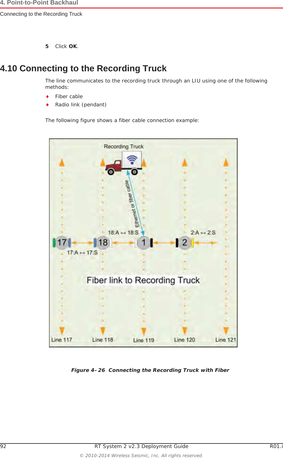 92 RT System 2 v2.3 Deployment Guide R01.i© 2010-2014 Wireless Seismic, Inc. All rights reserved.4. Point-to-Point BackhaulConnecting to the Recording Truck5Click OK.4.10 Connecting to the Recording TruckThe line communicates to the recording truck through an LIU using one of the following methods:iFiber cableiRadio link (pendant)The following figure shows a fiber cable connection example:Figure 4–26  Connecting the Recording Truck with Fiber