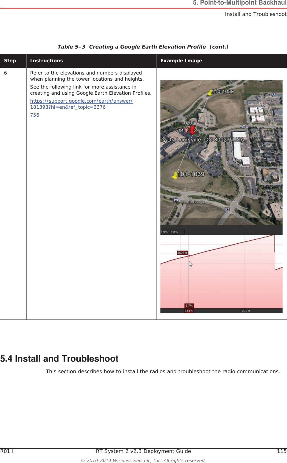 R01.i RT System 2 v2.3 Deployment Guide 115© 2010-2014 Wireless Seismic, Inc. All rights reserved.5. Point-to-Multipoint BackhaulInstall and Troubleshoot5.4 Install and TroubleshootThis section describes how to install the radios and troubleshoot the radio communications.6 Refer to the elevations and numbers displayed when planning the tower locations and heights.See the following link for more assistance in creating and using Google Earth Elevation Profiles.https://support.google.com/earth/answer/181393?hl=en&amp;ref_topic=2376756Table 5–3  Creating a Google Earth Elevation Profile  (cont.)Step Instructions Example Image