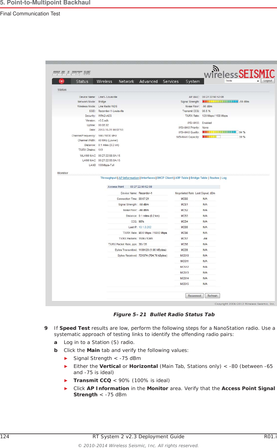 124 RT System 2 v2.3 Deployment Guide R01.i© 2010-2014 Wireless Seismic, Inc. All rights reserved.5. Point-to-Multipoint BackhaulFinal Communication Test9If Speed Test results are low, perform the following steps for a NanoStation radio. Use a systematic approach of testing links to identify the offending radio pairs:aLog in to a Station (S) radio.bClick the Main tab and verify the following values:ŹSignal Strength &lt; -75 dBmŹEither the Vertical or Horizontal (Main Tab, Stations only) &lt; -80 (between -65 and -75 is ideal)ŹTransmit CCQ &lt; 90% (100% is ideal)ŹClick AP Information in the Monitor area. Verify that the Access Point Signal Strength &lt; -75 dBmFigure 5–21  Bullet Radio Status Tab