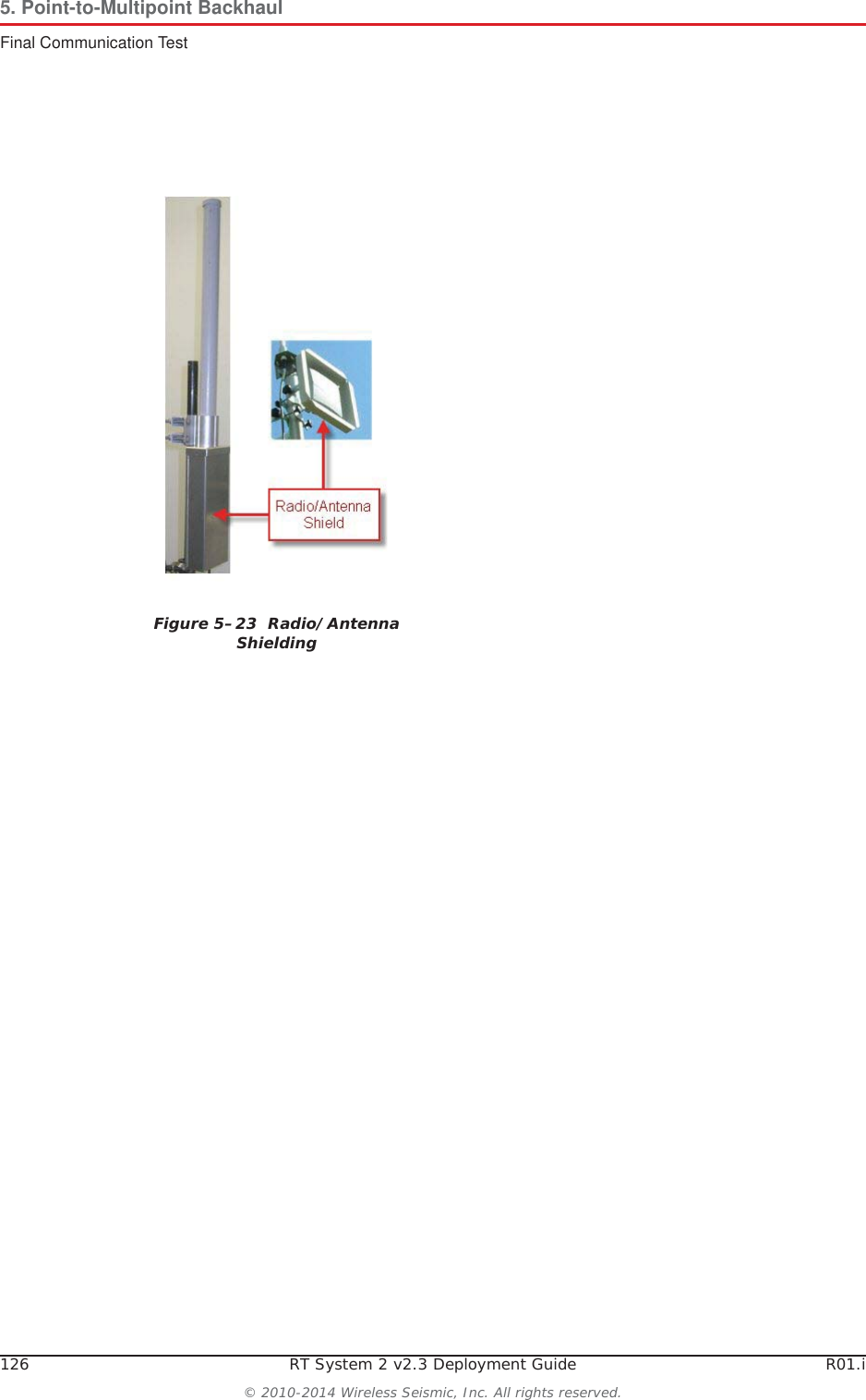 126 RT System 2 v2.3 Deployment Guide R01.i© 2010-2014 Wireless Seismic, Inc. All rights reserved.5. Point-to-Multipoint BackhaulFinal Communication TestFigure 5–23  Radio/Antenna Shielding