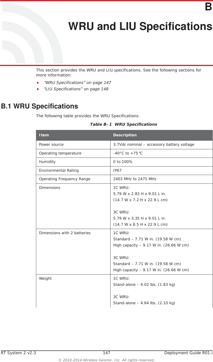 RT System 2 v2.3 147  Deployment Guide R01.i© 2010-2014 Wireless Seismic, Inc. All rights reserved.BB. WRU and LIU SpecificationsThis section provides the WRU and LIU specifications. See the following sections for more information:i“WRU Specifications” on page 147i“LIU Specifications” on page 148B.1 WRU SpecificationsThe following table provides the WRU Specifications:Table B–1  WRU SpecificationsItem DescriptionPower source 3.7Vdc nominal – accessory battery voltageOperating temperature -40°C to +75°CHumidity 0 to 100%Environmental Rating IP67Operating Frequency Range 2403 MHz to 2475 MHzDimensions 1C WRU:5.79 W x 2.83 H x 9.01 L in. (14.7 W x 7.2 H x 22.9 L cm)3C WRU:5.79 W x 3.35 H x 9.01 L in. (14.7 W x 8.5 H x 22.9 L cm)Dimensions with 2 batteries 1C WRU:Standard – 7.71 W in. (19.58 W cm)High capacity – 9.17 W in. (26.66 W cm)3C WRU:Standard – 7.71 W in. (19.58 W cm)High capacity – 9.17 W in. (26.66 W cm)Weight 1C WRU:Stand-alone – 4.02 lbs. (1.83 kg)3C WRU:Stand-alone – 4.64 lbs. (2.10 kg)