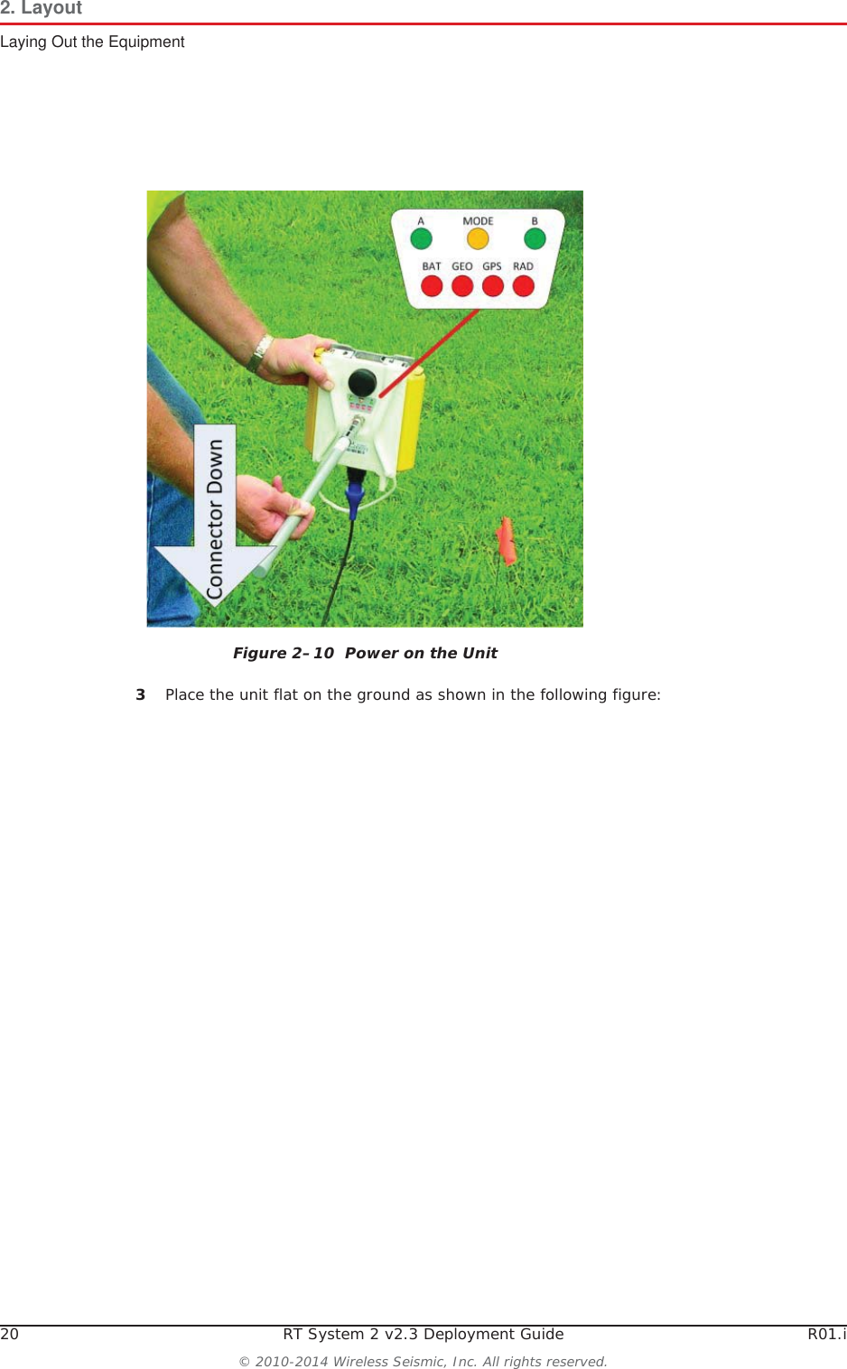 20 RT System 2 v2.3 Deployment Guide R01.i© 2010-2014 Wireless Seismic, Inc. All rights reserved.2. LayoutLaying Out the Equipment3Place the unit flat on the ground as shown in the following figure:Figure 2–10  Power on the Unit