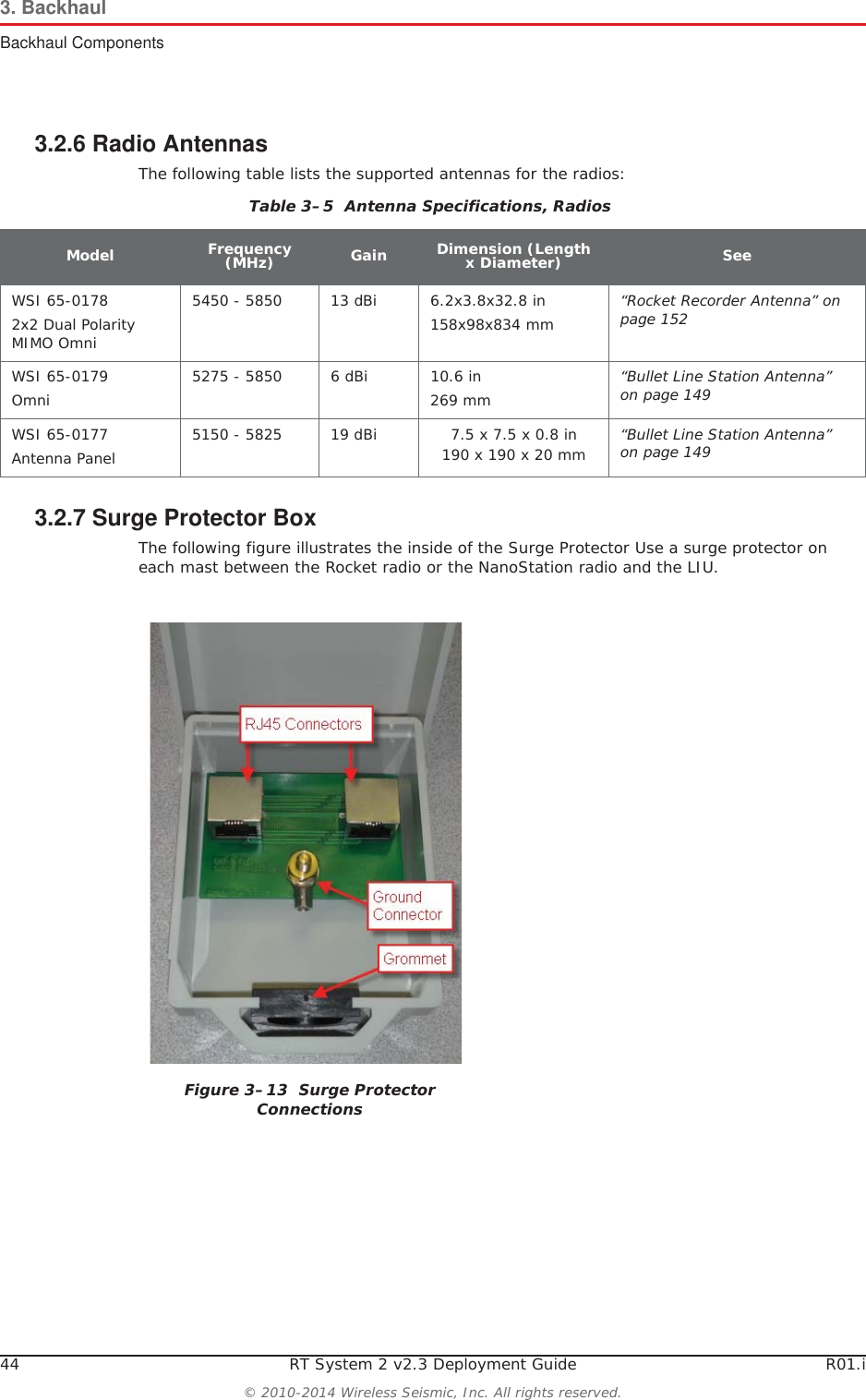 44 RT System 2 v2.3 Deployment Guide R01.i© 2010-2014 Wireless Seismic, Inc. All rights reserved.3. BackhaulBackhaul Components3.2.6 Radio AntennasThe following table lists the supported antennas for the radios:3.2.7 Surge Protector BoxThe following figure illustrates the inside of the Surge Protector Use a surge protector on each mast between the Rocket radio or the NanoStation radio and the LIU. Table 3–5  Antenna Specifications, RadiosModel Frequency(MHz) Gain Dimension (Length x Diameter) SeeWSI 65-0178 2x2 Dual Polarity MIMO Omni 5450 - 5850 13 dBi 6.2x3.8x32.8 in158x98x834 mm“Rocket Recorder Antenna” on page 152WSI 65-0179Omni 5275 - 5850 6 dBi 10.6 in 269 mm“Bullet Line Station Antenna” on page 149WSI 65-0177Antenna Panel 5150 - 5825 19 dBi 7.5 x 7.5 x 0.8 in190 x 190 x 20 mm “Bullet Line Station Antenna” on page 149Figure 3–13  Surge Protector Connections