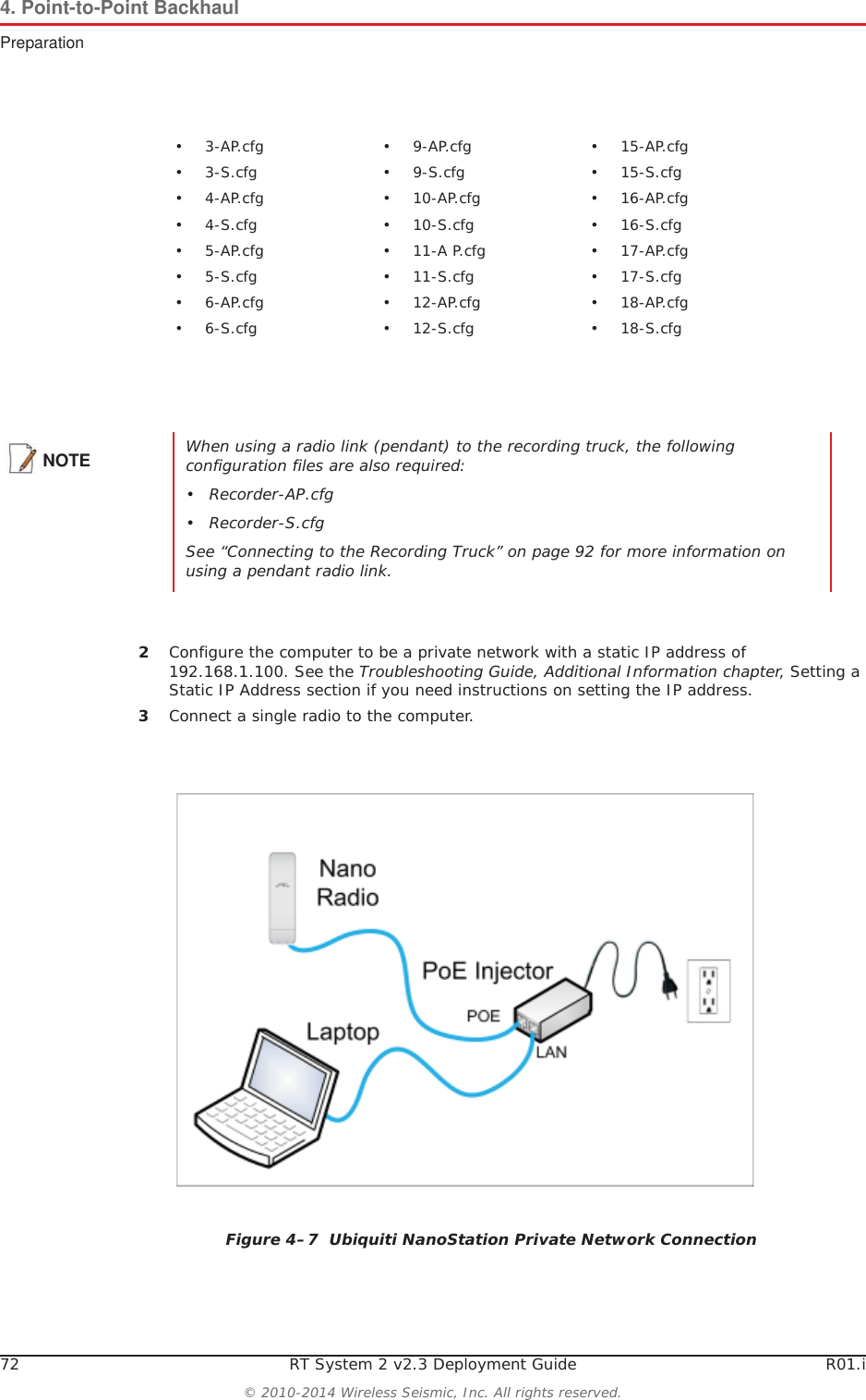 72 RT System 2 v2.3 Deployment Guide R01.i© 2010-2014 Wireless Seismic, Inc. All rights reserved.4. Point-to-Point BackhaulPreparation2Configure the computer to be a private network with a static IP address of 192.168.1.100. See the Troubleshooting Guide, Additional Information chapter, Setting a Static IP Address section if you need instructions on setting the IP address.3Connect a single radio to the computer.•3-AP.cfg •9-AP.cfg •15-AP.cfg•3-S.cfg •9-S.cfg •15-S.cfg• 4-AP.cfg • 10-AP.cfg • 16-AP.cfg•4-S.cfg •10-S.cfg •16-S.cfg• 5-AP.cfg • 11-A P.cfg • 17-AP.cfg•5-S.cfg •11-S.cfg •17-S.cfg• 6-AP.cfg • 12-AP.cfg • 18-AP.cfg•6-S.cfg •12-S.cfg •18-S.cfgNOTE When using a radio link (pendant) to the recording truck, the following configuration files are also required:• Recorder-AP.cfg• Recorder-S.cfgSee “Connecting to the Recording Truck” on page 92 for more information on using a pendant radio link.Figure 4–7  Ubiquiti NanoStation Private Network Connection