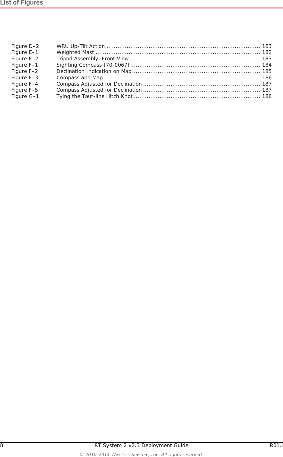 8 RT System 2 v2.3 Deployment Guide R01.i© 2010-2014 Wireless Seismic, Inc. All rights reserved.List of FiguresFigure D–2 WRU Up-Tilt Action .................................................................................... 163Figure E–1 Weighted Mast .......................................................................................... 182Figure E–2 Tripod Assembly, Front View ....................................................................... 183Figure F–1 Sighting Compass (70-0067)....................................................................... 184Figure F–2 Declination Indication on Map...................................................................... 185Figure F–3 Compass and Map...................................................................................... 186Figure F–4 Compass Adjusted for Declination ................................................................ 187Figure F–5 Compass Adjusted for Declination ................................................................ 187Figure G–1 Tying the Taut-line Hitch Knot ..................................................................... 188