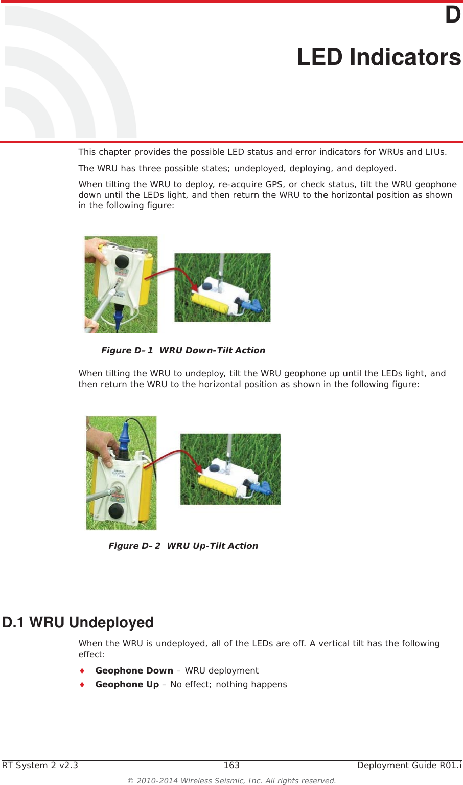 RT System 2 v2.3 163  Deployment Guide R01.i&copy; 2010-2014 Wireless Seismic, Inc. All rights reserved.DD. LED IndicatorsThis chapter provides the possible LED status and error indicators for WRUs and LIUs.The WRU has three possible states; undeployed, deploying, and deployed. When tilting the WRU to deploy, re-acquire GPS, or check status, tilt the WRU geophone down until the LEDs light, and then return the WRU to the horizontal position as shown in the following figure:When tilting the WRU to undeploy, tilt the WRU geophone up until the LEDs light, and then return the WRU to the horizontal position as shown in the following figure:D.1 WRU Undeployed When the WRU is undeployed, all of the LEDs are off. A vertical tilt has the following effect:iGeophone Down &ndash; WRU deploymentiGeophone Up &ndash; No effect; nothing happensFigure D&ndash;1  WRU Down-Tilt ActionFigure D&ndash;2  WRU Up-Tilt Action