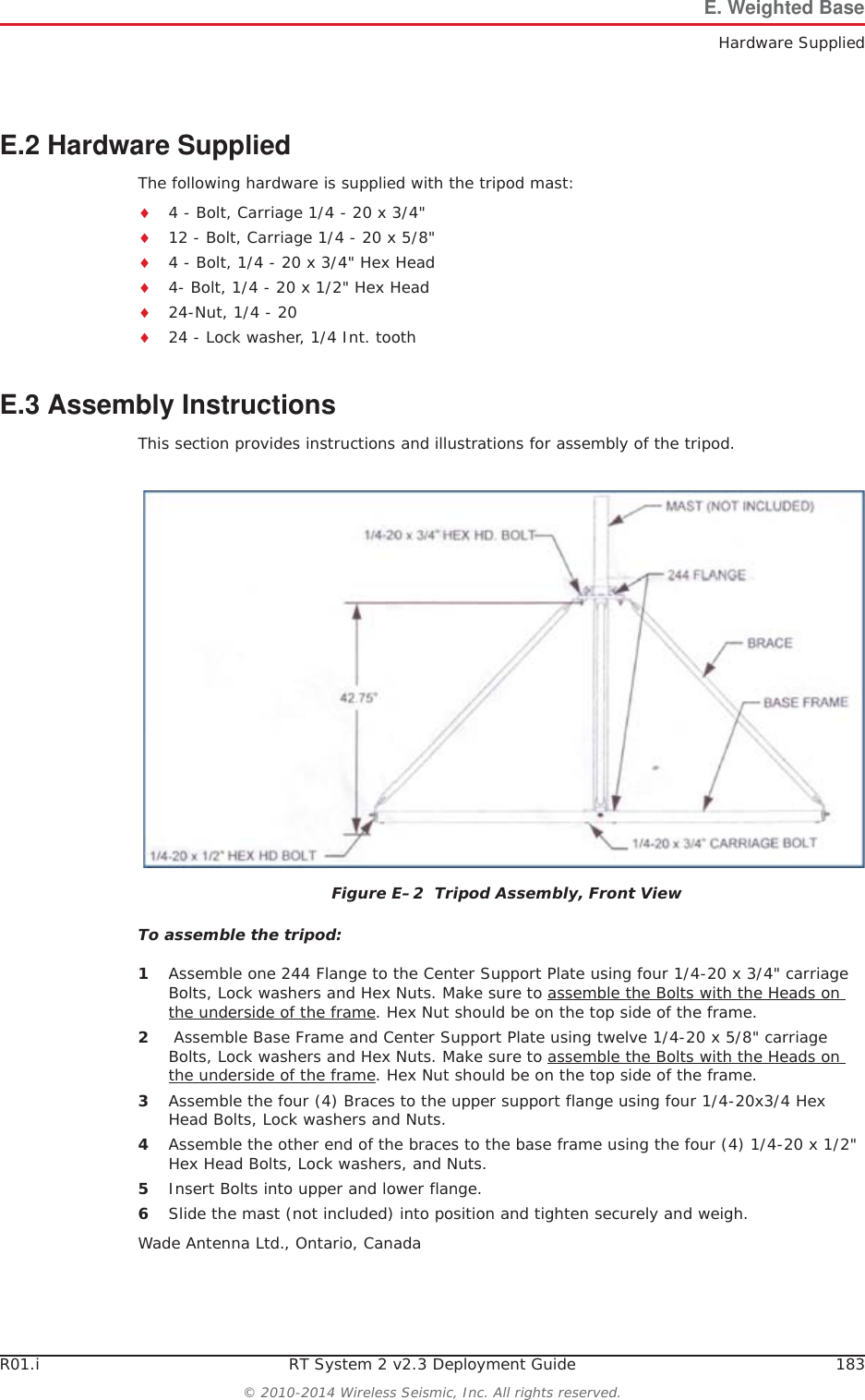 R01.i RT System 2 v2.3 Deployment Guide 183&copy; 2010-2014 Wireless Seismic, Inc. All rights reserved.E. Weighted BaseHardware SuppliedE.2 Hardware SuppliedThe following hardware is supplied with the tripod mast:i4 - Bolt, Carriage 1/4 - 20 x 3/4"i12 - Bolt, Carriage 1/4 - 20 x 5/8"i4 - Bolt, 1/4 - 20 x 3/4" Hex Headi4- Bolt, 1/4 - 20 x 1/2" Hex Headi24-Nut, 1/4 - 20i24 - Lock washer, 1/4 Int. toothE.3 Assembly InstructionsThis section provides instructions and illustrations for assembly of the tripod.To assemble the tripod:1Assemble one 244 Flange to the Center Support Plate using four 1/4-20 x 3/4" carriage Bolts, Lock washers and Hex Nuts. Make sure to assemble the Bolts with the Heads on the underside of the frame. Hex Nut should be on the top side of the frame. 2 Assemble Base Frame and Center Support Plate using twelve 1/4-20 x 5/8" carriage Bolts, Lock washers and Hex Nuts. Make sure to assemble the Bolts with the Heads on the underside of the frame. Hex Nut should be on the top side of the frame.3Assemble the four (4) Braces to the upper support flange using four 1/4-20x3/4 Hex Head Bolts, Lock washers and Nuts.4Assemble the other end of the braces to the base frame using the four (4) 1/4-20 x 1/2" Hex Head Bolts, Lock washers, and Nuts.5Insert Bolts into upper and lower flange.6Slide the mast (not included) into position and tighten securely and weigh.Wade Antenna Ltd., Ontario, CanadaFigure E&ndash;2  Tripod Assembly, Front View