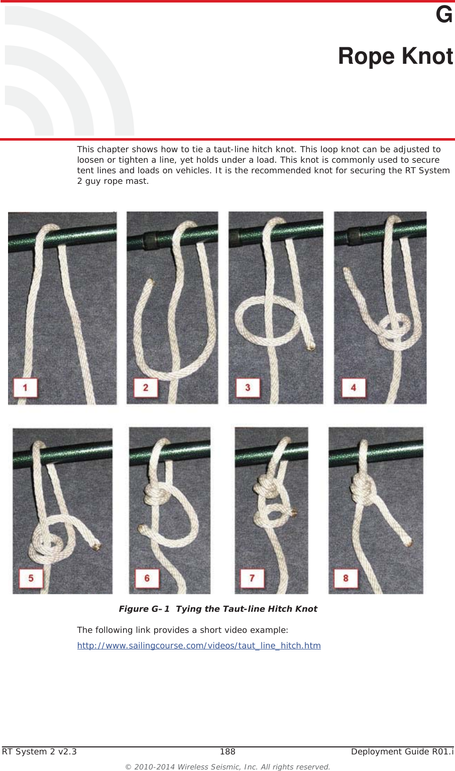 RT System 2 v2.3 188  Deployment Guide R01.i&copy; 2010-2014 Wireless Seismic, Inc. All rights reserved.GG. Rope KnotThis chapter shows how to tie a taut-line hitch knot. This loop knot can be adjusted to loosen or tighten a line, yet holds under a load. This knot is commonly used to secure tent lines and loads on vehicles. It is the recommended knot for securing the RT System 2 guy rope mast.The following link provides a short video example:http://www.sailingcourse.com/videos/taut_line_hitch.htmFigure G&ndash;1  Tying the Taut-line Hitch Knot