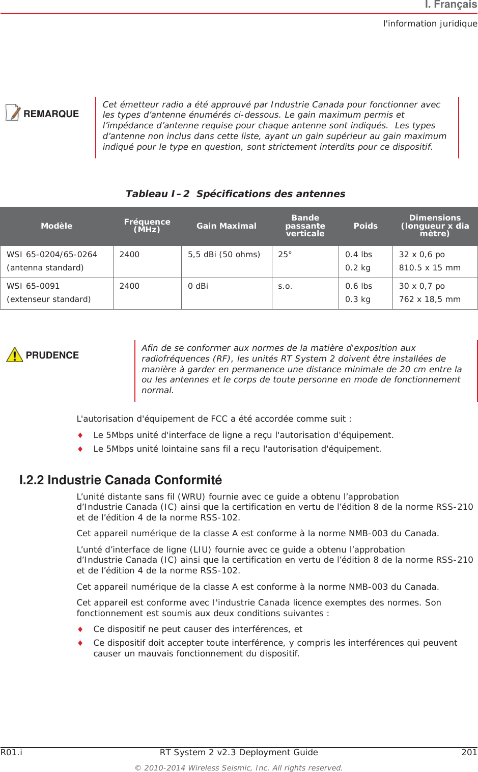 R01.i RT System 2 v2.3 Deployment Guide 201&copy; 2010-2014 Wireless Seismic, Inc. All rights reserved.I. Fran&ccedil;aisl'information juridiqueL'autorisation d'&eacute;quipement de FCC a &eacute;t&eacute; accord&eacute;e comme suit :iLe 5Mbps unit&eacute; d'interface de ligne a re&ccedil;u l'autorisation d'&eacute;quipement.iLe 5Mbps unit&eacute; lointaine sans fil a re&ccedil;u l'autorisation d'&eacute;quipement.I.2.2 Industrie Canada Conformit&eacute;L&rsquo;unit&eacute; distante sans fil (WRU) fournie avec ce guide a obtenu l&rsquo;approbation d&rsquo;Industrie Canada (IC) ainsi que la certification en vertu de l&rsquo;&eacute;dition 8 de la norme RSS-210 et de l&rsquo;&eacute;dition 4 de la norme RSS-102.Cet appareil num&eacute;rique de la classe A est conforme &agrave; la norme NMB-003 du Canada.L&rsquo;unt&eacute; d&rsquo;interface de ligne (LIU) fournie avec ce guide a obtenu l&rsquo;approbation d&rsquo;Industrie Canada (IC) ainsi que la certification en vertu de l&rsquo;&eacute;dition 8 de la norme RSS-210 et de l&rsquo;&eacute;dition 4 de la norme RSS-102.Cet appareil num&eacute;rique de la classe A est conforme &agrave; la norme NMB-003 du Canada.Cet appareil est conforme avec I'industrie Canada licence exemptes des normes. Son fonctionnement est soumis aux deux conditions suivantes :iCe dispositif ne peut causer des interf&eacute;rences, etiCe dispositif doit accepter toute interf&eacute;rence, y compris les interf&eacute;rences qui peuvent causer un mauvais fonctionnement du dispositif.REMARQUECet &eacute;metteur radio a &eacute;t&eacute; approuv&eacute; par Industrie Canada pour fonctionner avec les types d&rsquo;antenne &eacute;num&eacute;r&eacute;s ci-dessous. Le gain maximum permis et l&rsquo;imp&eacute;dance d&rsquo;antenne requise pour chaque antenne sont indiqu&eacute;s.  Les types d&rsquo;antenne non inclus dans cette liste, ayant un gain sup&eacute;rieur au gain maximum indiqu&eacute; pour le type en question, sont strictement interdits pour ce dispositif.Tableau I&ndash;2  Sp&eacute;cifications des antennes Mod&egrave;le Fr&eacute;quence (MHz) Gain Maximal Bande passante verticale Poids Dimensions (longueur x diam&egrave;tre)WSI 65-0204/65-0264(antenna standard) 2400 5,5 dBi (50 ohms) 25&deg; 0.4 lbs0.2 kg 32 x 0,6 po810.5 x 15 mmWSI 65-0091(extenseur standard) 2400 0 dBi s.o. 0.6 lbs0.3 kg 30 x 0,7 po762 x 18,5 mmPRUDENCEAfin de se conformer aux normes de la mati&egrave;re d'exposition aux  radiofr&eacute;quences (RF), les unit&eacute;s RT System 2 doivent &ecirc;tre install&eacute;es de mani&egrave;re &agrave; garder en permanence une distance minimale de 20 cm entre la ou les antennes et le corps de toute personne en mode de fonctionnement normal.