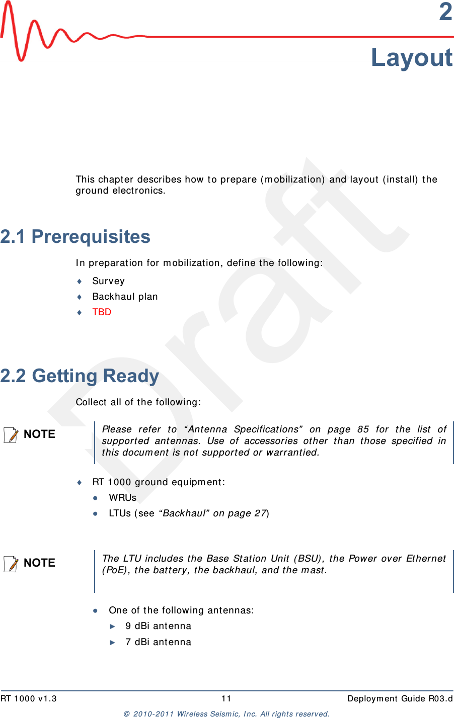 DraftRT 1000 v1.3 11  Deployment Guide R03.d© 2010-2011 Wireless Seismic, Inc. All rights reserved.2LayoutThis chapter describes how to prepare (mobilization) and layout (install) the ground electronics. 2.1 PrerequisitesIn preparation for mobilization, define the following:SurveyBackhaul planTBD 2.2 Getting ReadyCollect all of the following:RT 1000 ground equipment:●WRUs●LTUs (see “Backhaul” on page 27)●One of the following antennas:►9 dBi antenna►7 dBi antennaNOTEPlease refer to “Antenna Specifications” on page 85 for the list ofsupported antennas. Use of accessories other than those specified inthis document is not supported or warrantied.NOTEThe LTU includes the Base Station Unit (BSU), the Power over Ethernet(PoE), the battery, the backhaul, and the mast.