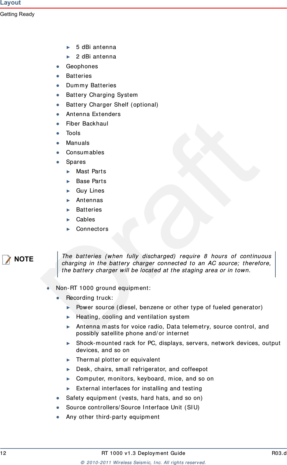 Draft12 RT 1000 v1.3 Deployment Guide R03.d© 2010-2011 Wireless Seismic, Inc. All rights reserved.LayoutGetting Ready►5 dBi antenna►2 dBi antenna●Geophones●Batteries●Dummy Batteries●Battery Charging System●Battery Charger Shelf (optional)●Antenna Extenders●Fiber Backhaul●Tools●Manuals●Consumables●Spares►Mast Parts►Base Parts►Guy Lines►Antennas►Batteries►Cables►ConnectorsNon-RT 1000 ground equipment:●Recording truck:►Power source (diesel, benzene or other type of fueled generator)►Heating, cooling and ventilation system►Antenna masts for voice radio, Data telemetry, source control, and possibly satellite phone and/or internet►Shock-mounted rack for PC, displays, servers, network devices, output devices, and so on►Thermal plotter or equivalent►Desk, chairs, small refrigerator, and coffeepot►Computer, monitors, keyboard, mice, and so on ►External interfaces for installing and testing●Safety equipment (vests, hard hats, and so on)●Source controllers/Source Interface Unit (SIU)●Any other third-party equipmentNOTEThe batteries (when fully discharged) require 8 hours of continuouscharging in the battery charger connected to an AC source; therefore,the battery charger will be located at the staging area or in town.