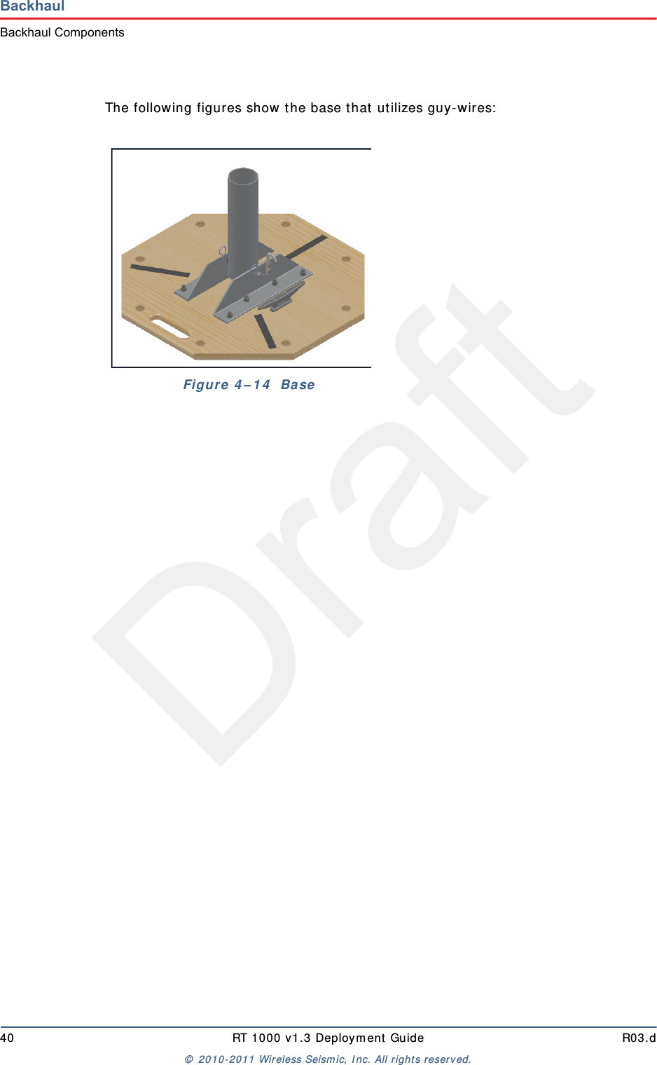 Draft40 RT 1000 v1.3 Deployment Guide R03.d© 2010-2011 Wireless Seismic, Inc. All rights reserved.BackhaulBackhaul ComponentsThe following figures show the base that utilizes guy-wires:Figure 4–14  Base