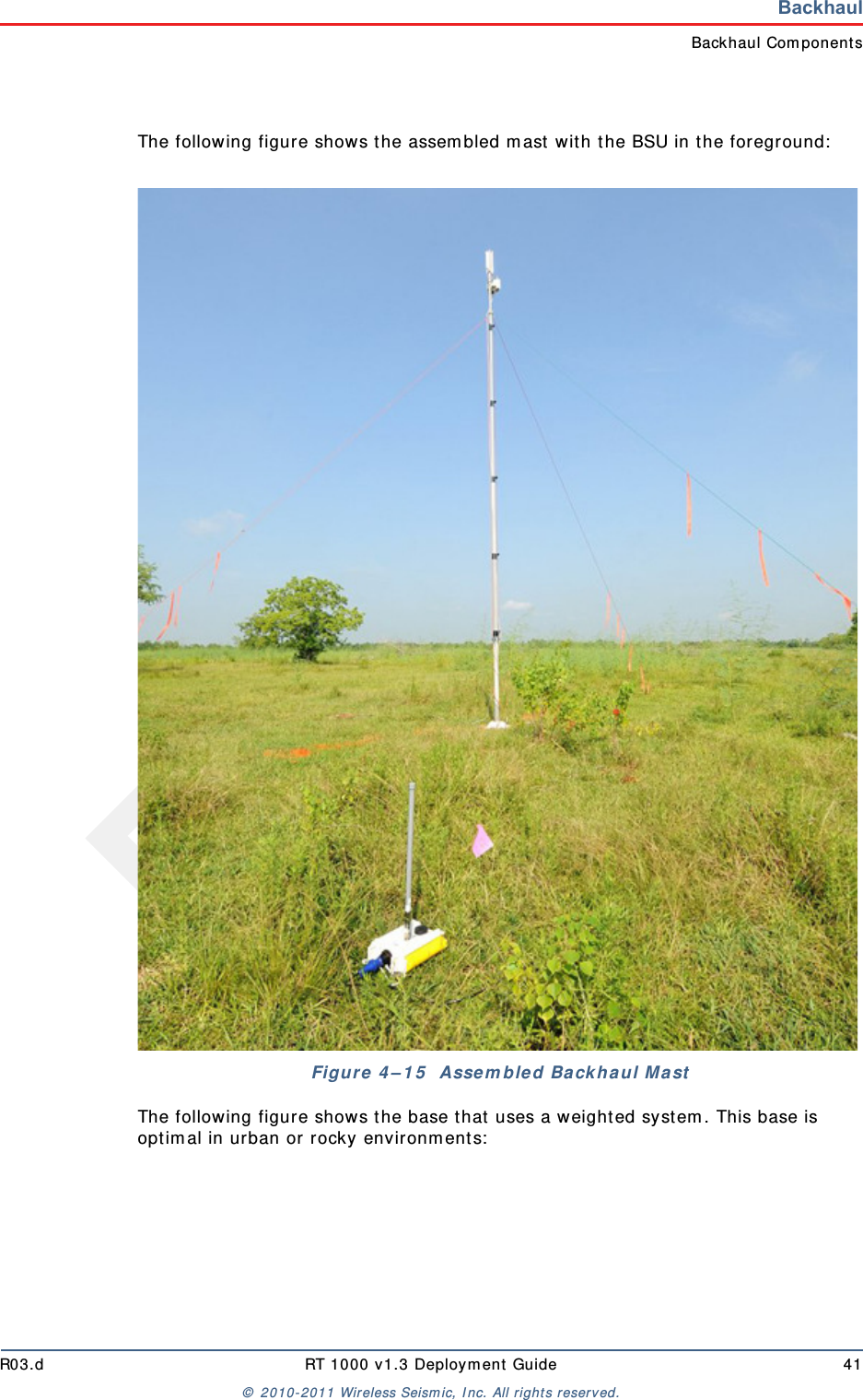 DraftR03.d RT 1000 v1.3 Deployment Guide 41© 2010-2011 Wireless Seismic, Inc. All rights reserved.BackhaulBackhaul ComponentsThe following figure shows the assembled mast with the BSU in the foreground:The following figure shows the base that uses a weighted system. This base is optimal in urban or rocky environments:Figure 4–15  Assembled Backhaul Mast