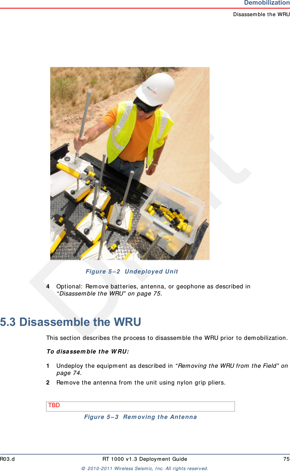 DraftR03.d RT 1000 v1.3 Deploym ent Guide 75&copy;  2010- 2011 Wir eless Seism ic, I nc. All right s reserved.DemobilizationDisassem ble t he WRU4Opt ional:  Rem ove batt eries, ant enna, or geophone as described in &ldquo; Disassem ble t he WRU&rdquo;  on page 75.5.3 Disassemble the WRU This sect ion describes t he process t o disassem ble the WRU prior to dem obilization.To disa sse m ble t h e  W RU:1Undeploy t he equipm ent as described in &ldquo; Rem oving t he WRU from  the Field&rdquo;  on page 74.2Rem ove t he ant enna from  t he unit  using nylon grip pliers.Figu r e  5 &ndash; 2   Unde ployed UnitTBD Figure  5 &ndash; 3   Re m oving t he  Ant e nna