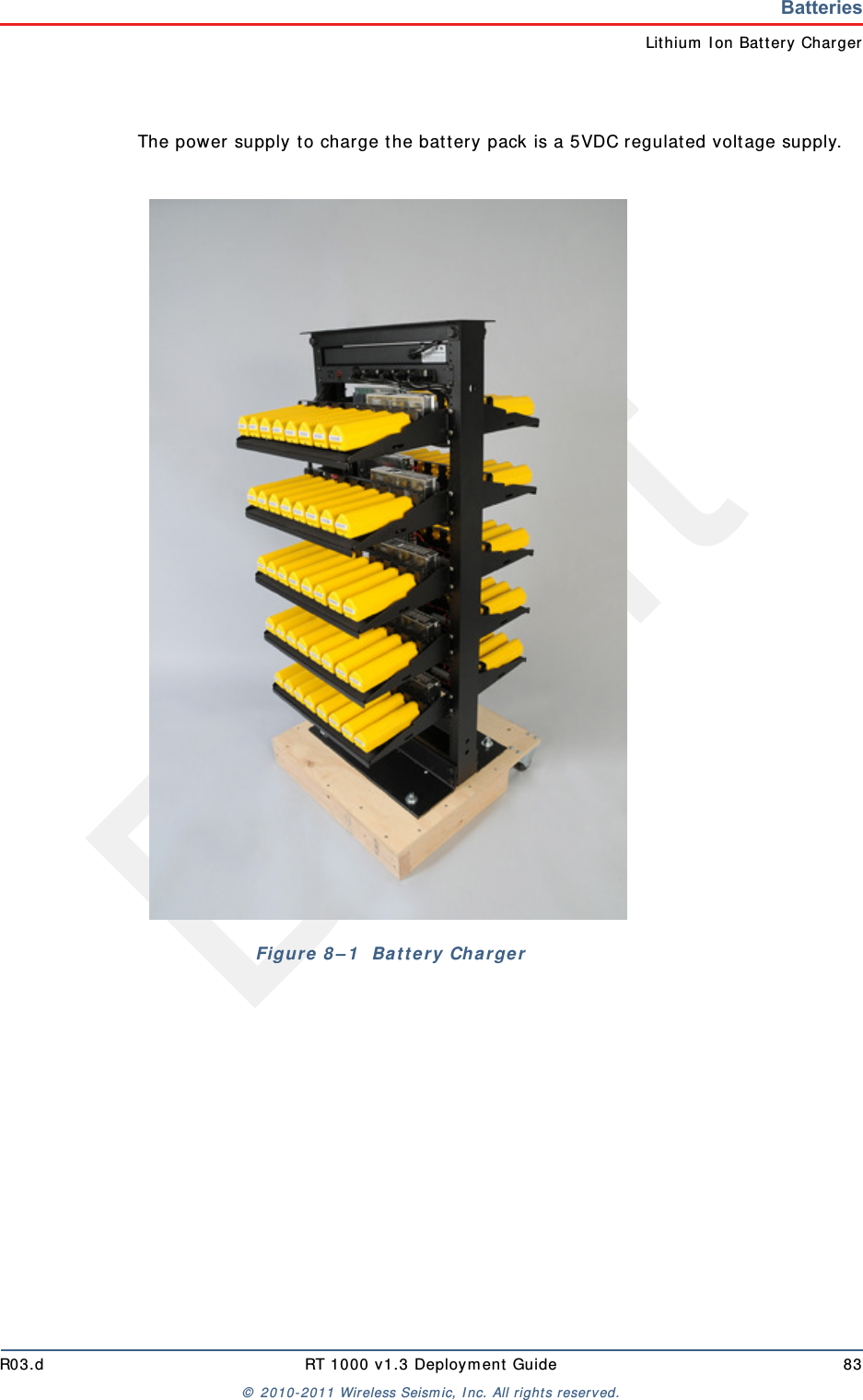 DraftR03.d RT 1000 v1.3 Deploym ent Guide 83&copy;  2010- 2011 Wir eless Seism ic, I nc. All right s reserved.BatteriesLit hium  I on Bat tery ChargerThe power supply t o charge t he bat tery pack is a 5VDC regulat ed voltage supply.Figure 8 &ndash; 1   Ba t t e ry Char ger