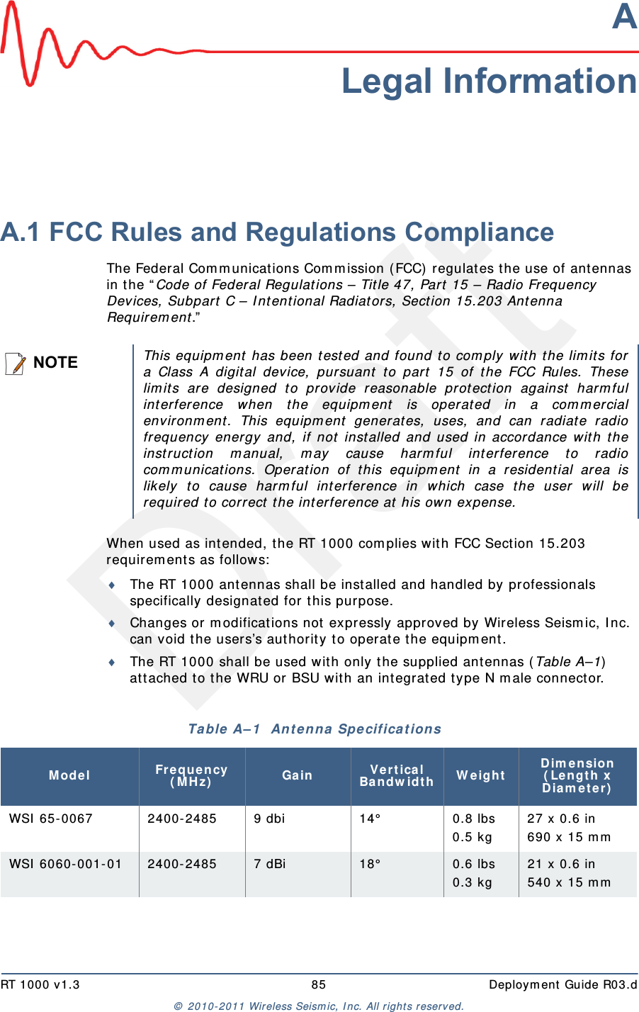 DraftRT 1000 v1.3 85  Deploym ent Guide R03.d&copy;  2010- 2011 Wir eless Seism ic, I nc. All right s reserved.ALegal InformationA.1 FCC Rules and Regulations ComplianceThe Federal Com m unicat ions Com m ission ( FCC) regulates t he use of antennas in t he &ldquo; Code of Federal Regulat ions &ndash; Tit le 47, Part  15 &ndash; Radio Frequency Devices, Subpart  C &ndash; I nt ent ional Radiators, Sect ion 15.203 Antenna Requirem ent .&rdquo;  When used as int ended, the RT 1000 com plies wit h FCC Section 15.203 requirem ent s as follow s:The RT 1000 antennas shall be installed and handled by professionals specifically designat ed for t his purpose.Changes or m odificat ions not expressly approved by Wireless Seism ic, I nc. can void t he users&rsquo;s aut hority t o operat e t he equipm ent. The RT 1000 shall be used wit h only t he supplied ant ennas (Table A&ndash;1)  at t ached t o t he WRU or BSU wit h an integrat ed t ype N m ale connector.NOTEThis equipm ent  has been t ested and found t o com ply wit h t he lim it s fora Class A digital device, pursuant  to part  15 of t he FCC Rules. Theselim it s are designed t o provide reasonable protection against  harm fulint erference when t he equipm ent  is operated in a com m ercialenvironm ent. This equipm ent  generates, uses, and can radiat e radiofrequency energy and, if not inst alled and used in accordance w ith t heinst ruction m anual, m ay cause harm ful int erference t o radiocom m unications. Operat ion of this equipm ent in a r esidential area islikely t o cause har m ful int er fer ence in which case t he user w ill berequired t o correct  t he int erference at  his own expense.Table A&ndash; 1   An t e n n a  Spe cifica t ions Mode l Fr eque n cy ( MH z) Gain Vert ical Bandw idt h W eightDim ension  ( Le n gt h x D ia m e t e r )WSI  65- 0067 2400- 2485 9 dbi 14&deg; 0.8 lbs0.5 kg27 x 0.6 in690 x 15 m mWSI  6060- 001- 01 24 00 - 24 85 7 dBi 18&deg; 0.6 lbs 0.3 kg21 x 0.6 in540 x 15 m m