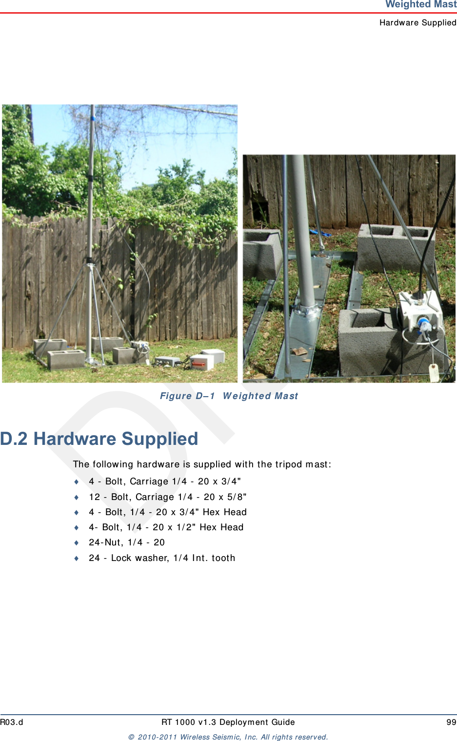 DraftR03.d RT 1000 v1.3 Deploym ent Guide 99&copy;  2010- 2011 Wir eless Seism ic, I nc. All right s reserved.Weighted MastHardware SuppliedD.2 Hardware SuppliedThe following hardware is supplied wit h t he t ripod m ast:4 -  Bolt , Carriage 1/ 4 -  20 x 3/ 4"12 -  Bolt , Carriage 1/ 4 -  20 x 5/ 8"4 -  Bolt , 1/ 4 -  20 x 3/ 4"  Hex Head4-  Bolt , 1/ 4 -  20 x 1/ 2"  Hex Head24- Nut, 1/ 4 -  2024 -  Lock washer, 1/ 4 I nt . t oot hFigu r e  D&ndash; 1   W eight ed Ma st