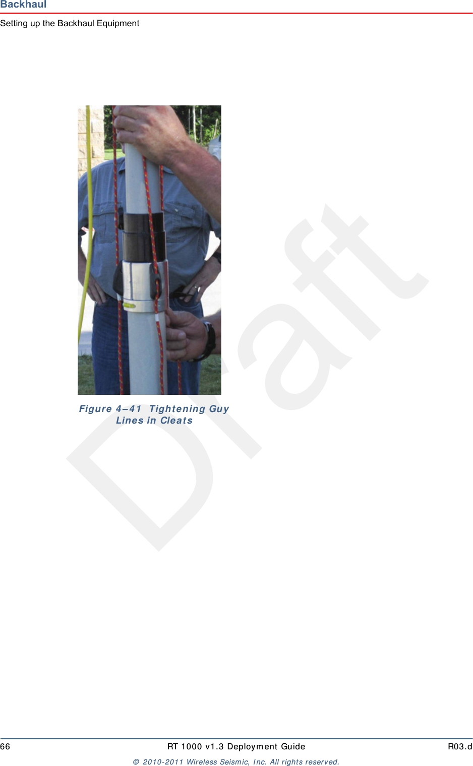 Draft66 RT 1000 v1.3 Deploym ent Guide R03.d&copy;  2010- 2011 Wir eless Seism ic, I nc. All right s reserved.BackhaulSetting up the Backhaul EquipmentFigure 4 &ndash; 4 1   Tight ening Guy Lin e s in Cle a t s