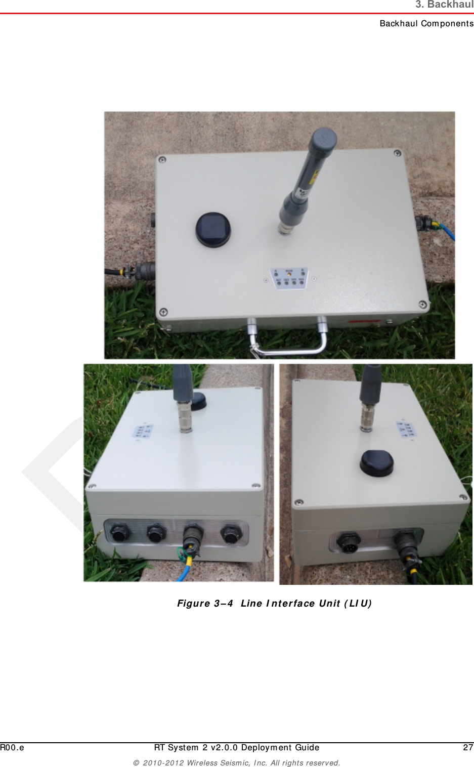 DraftR00.e RT System 2 v2.0.0 Deployment Guide 27© 2010-2012 Wireless Seismic, Inc. All rights reserved.3. BackhaulBackhaul ComponentsFigure 3–4  Line Interface Unit (LIU)