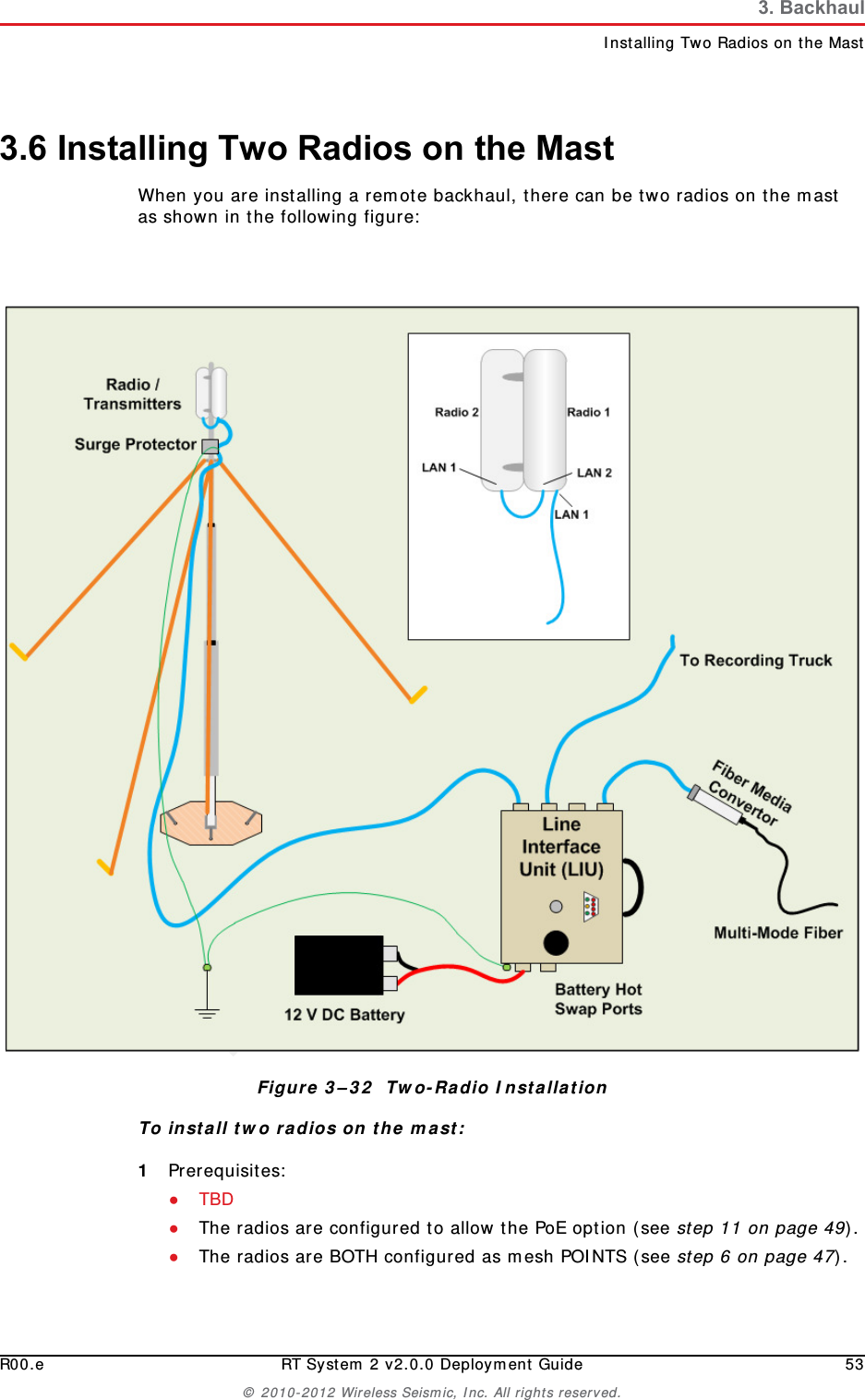 DraftR00.e RT System 2 v2.0.0 Deployment Guide 53© 2010-2012 Wireless Seismic, Inc. All rights reserved.3. BackhaulInstalling Two Radios on the Mast3.6 Installing Two Radios on the MastWhen you are installing a remote backhaul, there can be two radios on the mast as shown in the following figure:To install two radios on the mast:1Prerequisites:●TBD ●The radios are configured to allow the PoE option (see step 11 on page 49).●The radios are BOTH configured as mesh POINTS (see step 6 on page 47).Figure 3–32  Two-Radio Installation