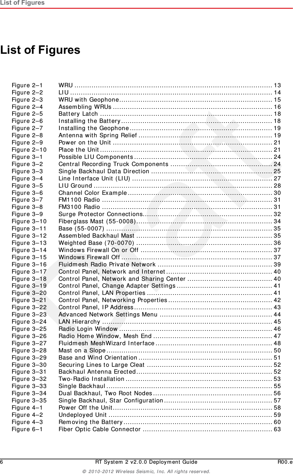 Draft6 RT System 2 v2.0.0 Deployment Guide R00.e© 2010-2012 Wireless Seismic, Inc. All rights reserved.List of FiguresList of FiguresFigure 2–1 WRU .............................................................................................13Figure 2–2 LIU ...............................................................................................14Figure 2–3 WRU with Geophone........................................................................15Figure 2–4 Assembling WRUs ...........................................................................16Figure 2–5 Battery Latch .................................................................................18Figure 2–6 Installing the Battery.......................................................................18Figure 2–7 Installing the Geophone................................................................... 19Figure 2–8 Antenna with Spring Relief ...............................................................19Figure 2–9 Power on the Unit ...........................................................................21Figure 2–10 Place the Unit.................................................................................21Figure 3–1 Possible LIU Components.................................................................24Figure 3–2 Central Recording Truck Components ................................................24Figure 3–3 Single Backhaul Data Direction .........................................................25Figure 3–4 Line Interface Unit (LIU)..................................................................27Figure 3–5 LIU Ground ....................................................................................28Figure 3–6 Channel Color Example....................................................................30Figure 3–7 FM1100 Radio ................................................................................ 31Figure 3–8 FM3100 Radio ................................................................................ 31Figure 3–9 Surge Protector Connections.............................................................32Figure 3–10 Fiberglass Mast (55-0008)................................................................34Figure 3–11 Base (55-0007) .............................................................................. 35Figure 3–12 Assembled Backhaul Mast ................................................................35Figure 3–13 Weighted Base (70-0070) ................................................................36Figure 3–14 Windows Firewall On or Off ..............................................................37Figure 3–15 Windows Firewall Off.......................................................................37Figure 3–16 Fluidmesh Radio Private Network ......................................................39Figure 3–17 Control Panel, Network and Internet..................................................40Figure 3–18 Control Panel, Network and Sharing Center ........................................40Figure 3–19 Control Panel, Change Adapter Settings.............................................41Figure 3–20 Control Panel, LAN Properties ...........................................................41Figure 3–21 Control Panel, Networking Properties.................................................42Figure 3–22 Control Panel, IP Address.................................................................43Figure 3–23 Advanced Network Settings Menu .....................................................44Figure 3–24 LAN Hierarchy ................................................................................45Figure 3–25 Radio Login Window........................................................................46Figure 3–26 Radio Home Window, Mesh End ........................................................47Figure 3–27 Fluidmesh MeshWizard Interface.......................................................48Figure 3–28 Mast on a Slope..............................................................................50Figure 3–29 Base and Wind Orientation...............................................................51Figure 3–30 Securing Lines to Large Cleat ...........................................................52Figure 3–31 Backhaul Antenna Erected................................................................52Figure 3–32 Two-Radio Installation.....................................................................53Figure 3–33 Single Backhaul..............................................................................55Figure 3–34 Dual Backhaul, Two Root Nodes........................................................56Figure 3–35 Single Backhaul, Star Configuration...................................................57Figure 4–1 Power Off the Unit...........................................................................58Figure 4–2 Undeployed Unit .............................................................................59Figure 4–3 Removing the Battery......................................................................60Figure 6–1 Fiber Optic Cable Connector .............................................................63