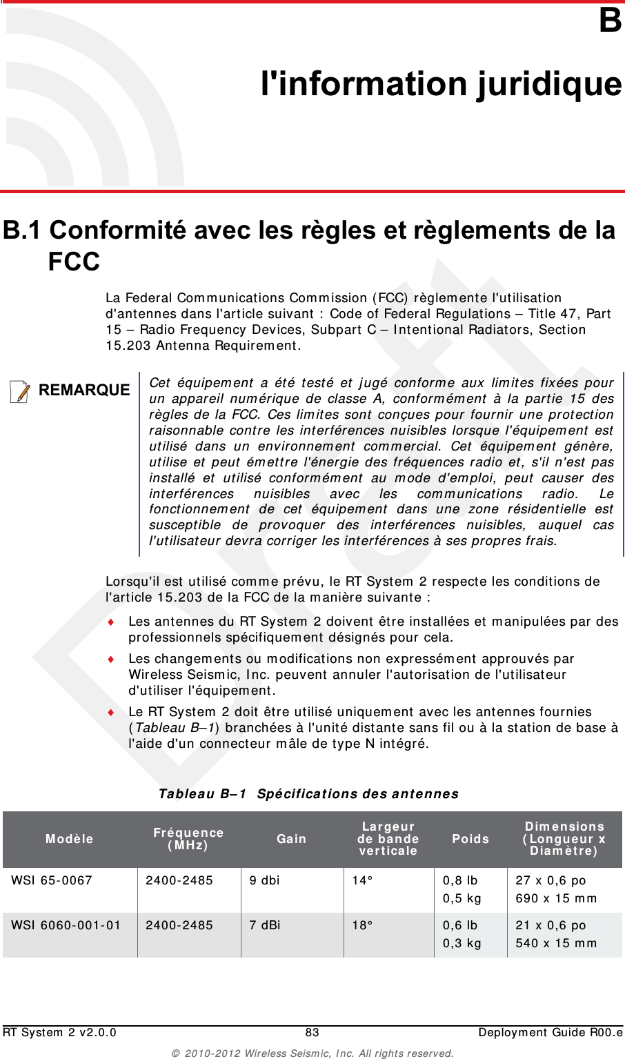 DraftRT System 2 v2.0.0 83  Deployment Guide R00.e&copy; 2010-2012 Wireless Seismic, Inc. All rights reserved.BB. l'information juridiqueB.1 Conformit&eacute; avec les r&egrave;gles et r&egrave;glements de la FCCLa Federal Communications Commission (FCC) r&egrave;glemente l'utilisation d'antennes dans l'article suivant : Code of Federal Regulations &ndash; Title 47, Part 15 &ndash; Radio Frequency Devices, Subpart C &ndash; Intentional Radiators, Section 15.203 Antenna Requirement. Lorsqu'il est utilis&eacute; comme pr&eacute;vu, le RT System 2 respecte les conditions de l'article 15.203 de la FCC de la mani&egrave;re suivante :Les antennes du RT System 2 doivent &ecirc;tre install&eacute;es et manipul&eacute;es par des professionnels sp&eacute;cifiquement d&eacute;sign&eacute;s pour cela.Les changements ou modifications non express&eacute;ment approuv&eacute;s par Wireless Seismic, Inc. peuvent annuler l'autorisation de l'utilisateur d'utiliser l'&eacute;quipement.  Le RT System 2 doit &ecirc;tre utilis&eacute; uniquement avec les antennes fournies (Tableau B&ndash;1) branch&eacute;es &agrave; l'unit&eacute; distante sans fil ou &agrave; la station de base &agrave; l'aide d'un connecteur m&acirc;le de type N int&eacute;gr&eacute;.REMARQUECet &eacute;quipement a &eacute;t&eacute; test&eacute; et jug&eacute; conforme aux limites fix&eacute;es pourun appareil num&eacute;rique de classe A, conform&eacute;ment &agrave; la partie 15 desr&egrave;gles de la FCC. Ces limites sont con&ccedil;ues pour fournir une protectionraisonnable contre les interf&eacute;rences nuisibles lorsque l'&eacute;quipement estutilis&eacute; dans un environnement commercial. Cet &eacute;quipement g&eacute;n&egrave;re,utilise et peut &eacute;mettre l'&eacute;nergie des fr&eacute;quences radio et, s'il n'est pasinstall&eacute; et utilis&eacute; conform&eacute;ment au mode d'emploi, peut causer desinterf&eacute;rences nuisibles avec les communications radio. Lefonctionnement de cet &eacute;quipement dans une zone r&eacute;sidentielle estsusceptible de provoquer des interf&eacute;rences nuisibles, auquel casl'utilisateur devra corriger les interf&eacute;rences &agrave; ses propres frais.Tableau B&ndash;1  Sp&eacute;cifications des antennes Mod&egrave;le Fr&eacute;quence (MHz) Gain Largeur de bande verticale Poids Dimensions (Longueur x Diam&egrave;tre)WSI 65-0067 2400-2485 9 dbi 14&deg; 0,8 lb0,5 kg 27 x 0,6 po690 x 15 mmWSI 6060-001-01 2400-2485 7 dBi 18&deg; 0,6 lb 0,3 kg 21 x 0,6 po540 x 15 mm