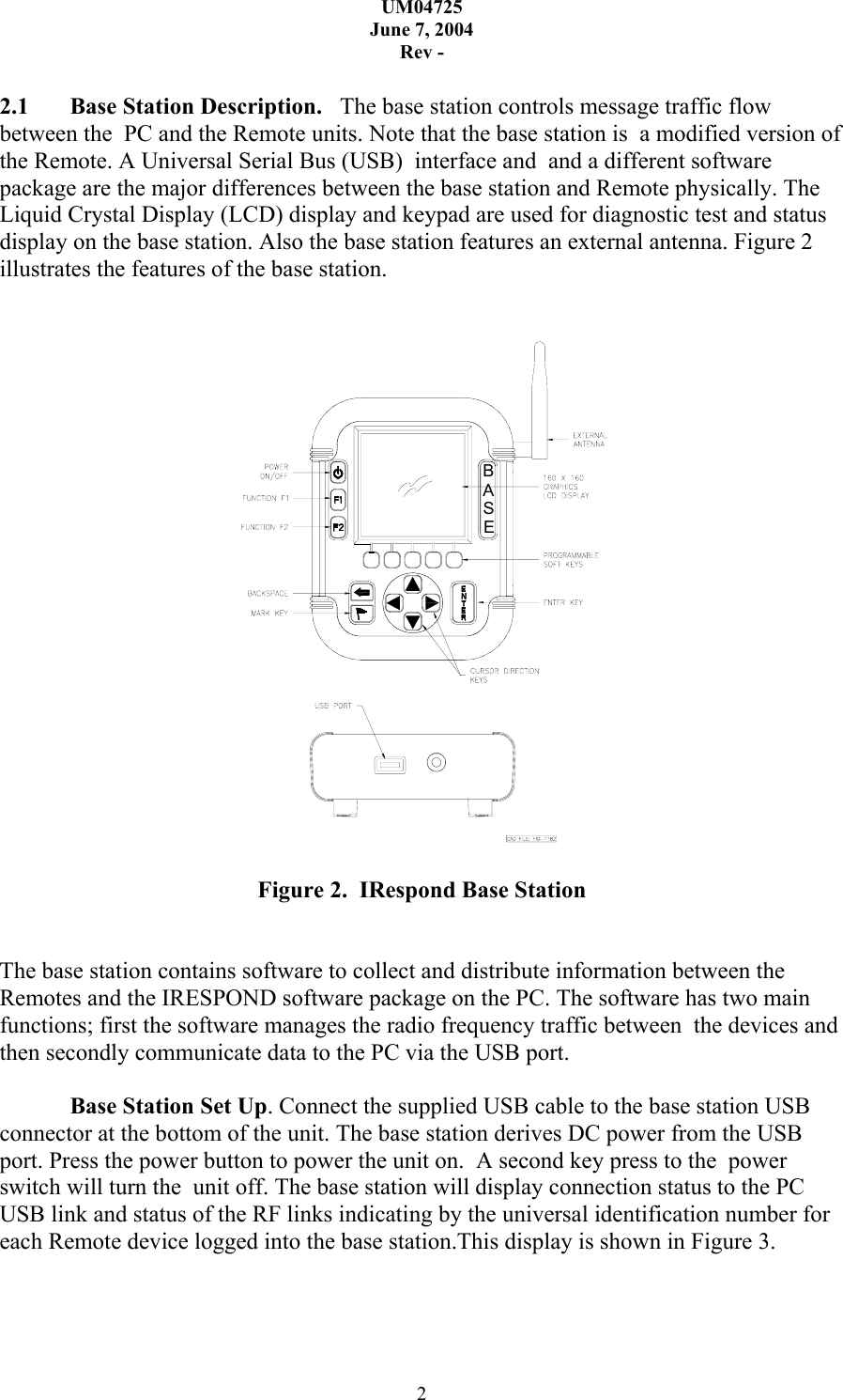 UM04725 June 7, 2004 Rev - 2  2.1  Base Station Description.   The base station controls message traffic flow between the  PC and the Remote units. Note that the base station is  a modified version of the Remote. A Universal Serial Bus (USB)  interface and  and a different software package are the major differences between the base station and Remote physically. The Liquid Crystal Display (LCD) display and keypad are used for diagnostic test and status display on the base station. Also the base station features an external antenna. Figure 2 illustrates the features of the base station.   AESB  Figure 2.  IRespond Base Station    The base station contains software to collect and distribute information between the Remotes and the IRESPOND software package on the PC. The software has two main functions; first the software manages the radio frequency traffic between  the devices and then secondly communicate data to the PC via the USB port.    Base Station Set Up. Connect the supplied USB cable to the base station USB connector at the bottom of the unit. The base station derives DC power from the USB port. Press the power button to power the unit on.  A second key press to the  power switch will turn the  unit off. The base station will display connection status to the PC USB link and status of the RF links indicating by the universal identification number for each Remote device logged into the base station.This display is shown in Figure 3.    