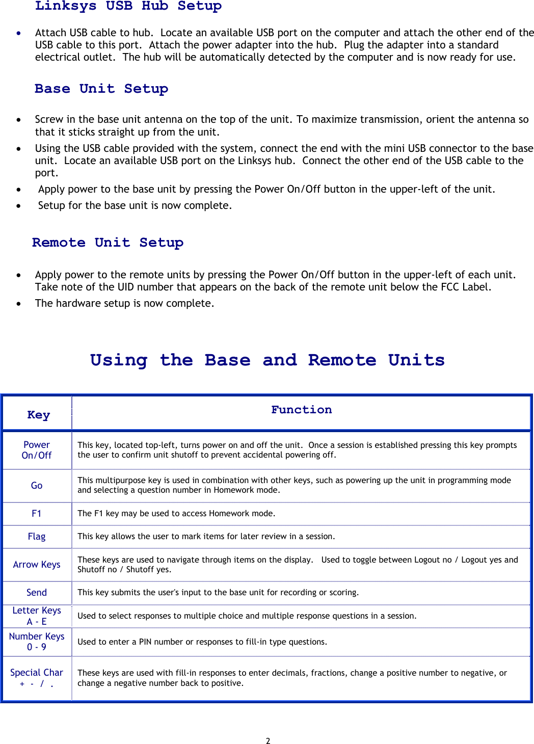 2 Linksys USB Hub Setup  •  Attach USB cable to hub.  Locate an available USB port on the computer and attach the other end of the USB cable to this port.  Attach the power adapter into the hub.  Plug the adapter into a standard electrical outlet.  The hub will be automatically detected by the computer and is now ready for use.  Base Unit Setup  •  Screw in the base unit antenna on the top of the unit. To maximize transmission, orient the antenna so that it sticks straight up from the unit. •  Using the USB cable provided with the system, connect the end with the mini USB connector to the base unit.  Locate an available USB port on the Linksys hub.  Connect the other end of the USB cable to the port. •   Apply power to the base unit by pressing the Power On/Off button in the upper-left of the unit. •   Setup for the base unit is now complete.       Remote Unit Setup  •  Apply power to the remote units by pressing the Power On/Off button in the upper-left of each unit. Take note of the UID number that appears on the back of the remote unit below the FCC Label. •  The hardware setup is now complete.    Using the Base and Remote Units   Key  Function Power On/Off This key, located top-left, turns power on and off the unit.  Once a session is established pressing this key prompts the user to confirm unit shutoff to prevent accidental powering off. Go  This multipurpose key is used in combination with other keys, such as powering up the unit in programming mode and selecting a question number in Homework mode. F1  The F1 key may be used to access Homework mode. Flag  This key allows the user to mark items for later review in a session. Arrow Keys  These keys are used to navigate through items on the display.   Used to toggle between Logout no / Logout yes and Shutoff no / Shutoff yes. Send  This key submits the user&apos;s input to the base unit for recording or scoring. Letter Keys A - E  Used to select responses to multiple choice and multiple response questions in a session. Number Keys 0 - 9  Used to enter a PIN number or responses to fill-in type questions. Special Char +  -  /  . These keys are used with fill-in responses to enter decimals, fractions, change a positive number to negative, or change a negative number back to positive. 