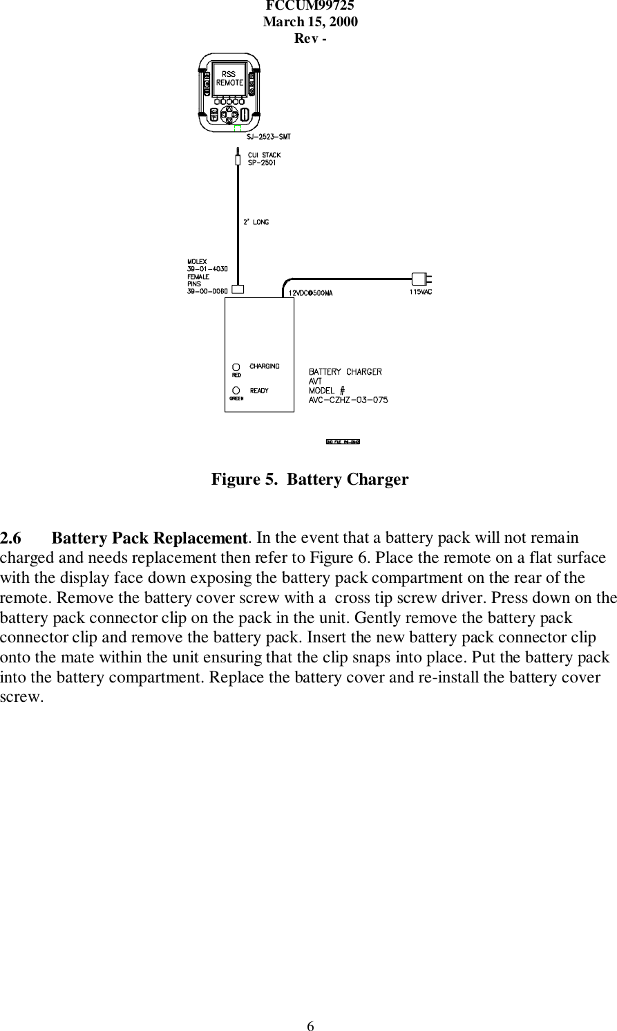 FCCUM99725March 15, 2000Rev -6Figure 5.  Battery Charger2.6 Battery Pack Replacement. In the event that a battery pack will not remaincharged and needs replacement then refer to Figure 6. Place the remote on a flat surfacewith the display face down exposing the battery pack compartment on the rear of theremote. Remove the battery cover screw with a  cross tip screw driver. Press down on thebattery pack connector clip on the pack in the unit. Gently remove the battery packconnector clip and remove the battery pack. Insert the new battery pack connector cliponto the mate within the unit ensuring that the clip snaps into place. Put the battery packinto the battery compartment. Replace the battery cover and re-install the battery coverscrew.