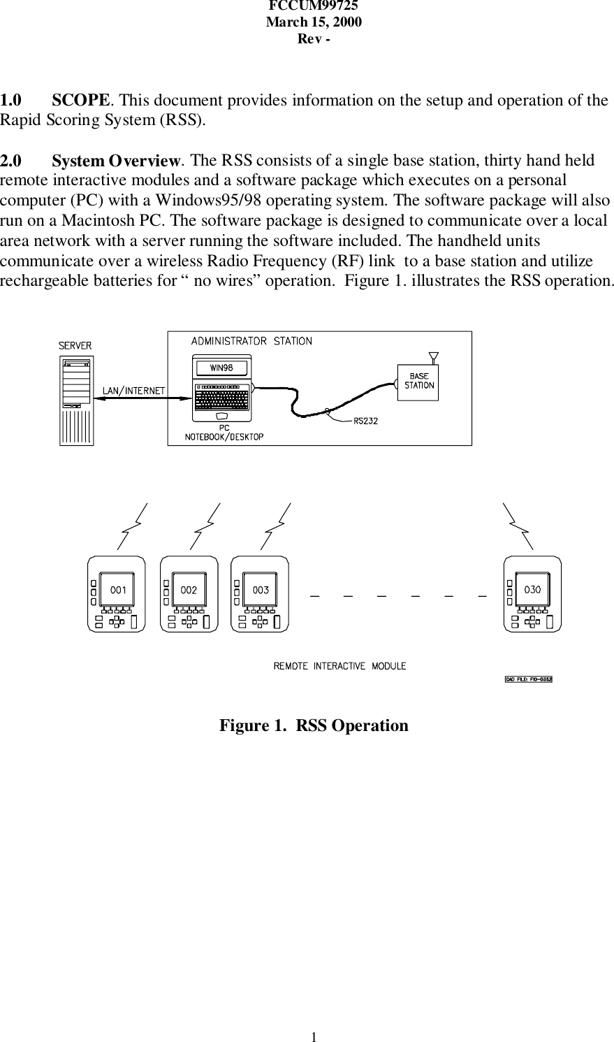 FCCUM99725March 15, 2000Rev -11.0 SCOPE. This document provides information on the setup and operation of theRapid Scoring System (RSS).2.0 System Overview. The RSS consists of a single base station, thirty hand heldremote interactive modules and a software package which executes on a personalcomputer (PC) with a Windows95/98 operating system. The software package will alsorun on a Macintosh PC. The software package is designed to communicate over a localarea network with a server running the software included. The handheld unitscommunicate over a wireless Radio Frequency (RF) link  to a base station and utilizerechargeable batteries for “ no wires” operation.  Figure 1. illustrates the RSS operation.Figure 1.  RSS Operation