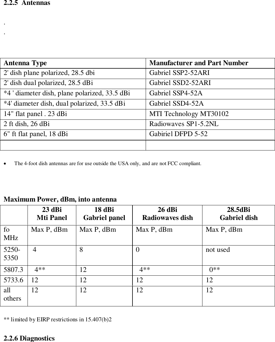 2.2.5  Antennas..Antenna Type Manufacturer and Part Number2&apos; dish plane polarized, 28.5 dbi Gabriel SSP2-52ARI2&apos; dish dual polarized, 28.5 dBi Gabriel SSD2-52ARI*4 &apos; diameter dish, plane polarized, 33.5 dBi Gabriel SSP4-52A*4&apos; diameter dish, dual polarized, 33.5 dBi Gabriel SSD4-52A14&quot; flat panel . 23 dBi MTI Technology MT301022 ft dish, 26 dBi Radiowaves SP1-5.2NL6&quot; ft flat panel, 18 dBi Gabiriel DFPD 5-52• The 4-foot dish antennas are for use outside the USA only, and are not FCC compliant.Maximum Power, dBm, into antenna23 dBiMti Panel 18 dBiGabriel panel 26 dBiRadiowaves dish 28.5dBiGabriel dishfoMHz Max P, dBm Max P, dBm Max P, dBm Max P, dBm5250-5350  4 8 0 not used5807.3   4** 12   4**   0**5733.6 12 12 12 12allothers 12 12 12 12** limited by EIRP restrictions in 15.407(b)22.2.6 Diagnostics