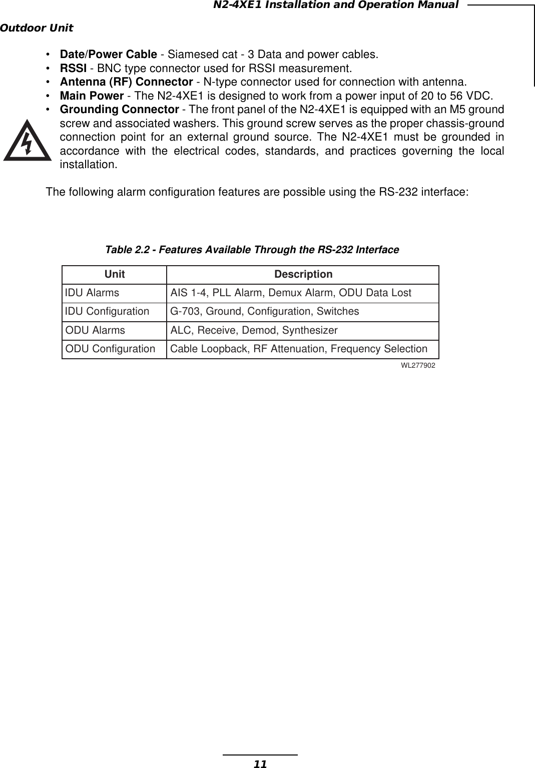 11N2-4XE1 Installation and Operation ManualtinUnoitpircseDsmralAUDI tsoLataDUDO,mralAxumeD,mralALLP,4-1SIAnoitarugifnoCUDIsehctiwS,noitarugifnoC,dnuorG,307-GsmralAUDOrezisehtnyS,domeD,evieceR,CLAnoitarugifnoCUDO noitceleSycneuqerF,noitaunettAFR,kcabpooLelbaC209772LWTable 2.2 - Features Available Through the RS-232 InterfaceOutdoor Unit•Date/Power Cable - Siamesed cat - 3 Data and power cables.•RSSI - BNC type connector used for RSSI measurement.•Antenna (RF) Connector - N-type connector used for connection with antenna.•Main Power - The N2-4XE1 is designed to work from a power input of 20 to 56 VDC.•Grounding Connector - The front panel of the N2-4XE1 is equipped with an M5 groundscrew and associated washers. This ground screw serves as the proper chassis-groundconnection point for an external ground source. The N2-4XE1 must be grounded inaccordance with the electrical codes, standards, and practices governing the localinstallation.The following alarm configuration features are possible using the RS-232 interface: