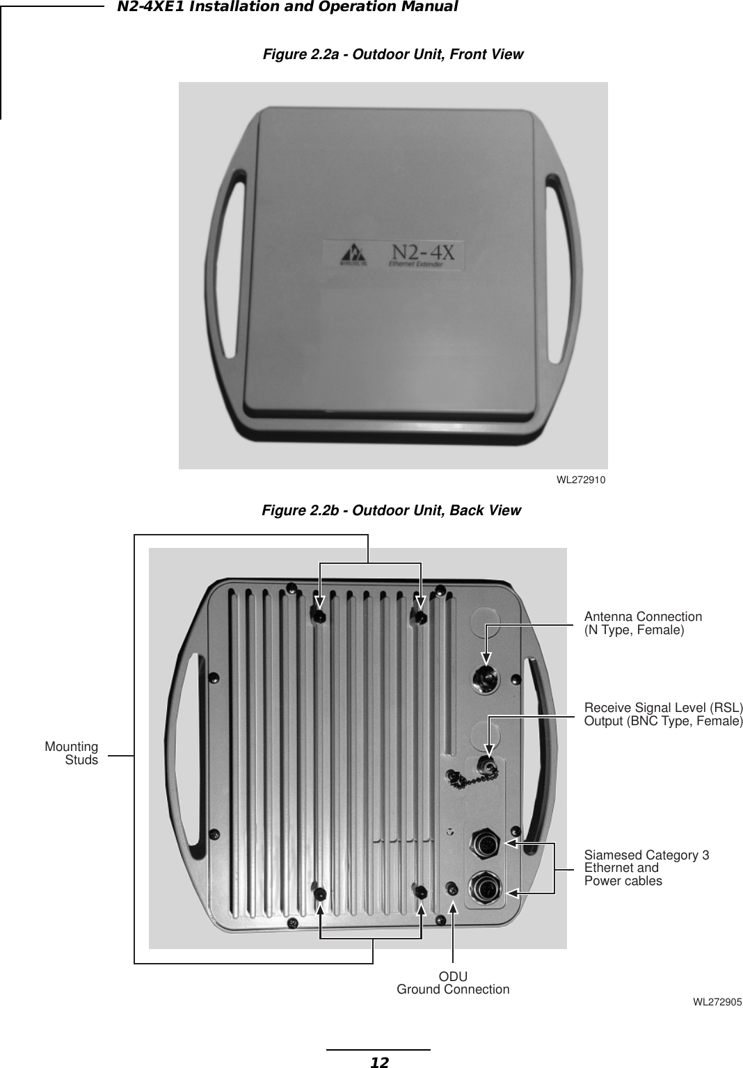 12N2-4XE1 Installation and Operation ManualFigure 2.2a - Outdoor Unit, Front ViewFigure 2.2b - Outdoor Unit, Back ViewSiamesed Category 3Ethernet andPower cablesReceive Signal Level (RSL)Output (BNC Type, Female)Antenna Connection(N Type, Female)ODUGround ConnectionMountingStudsWL272905WL272910