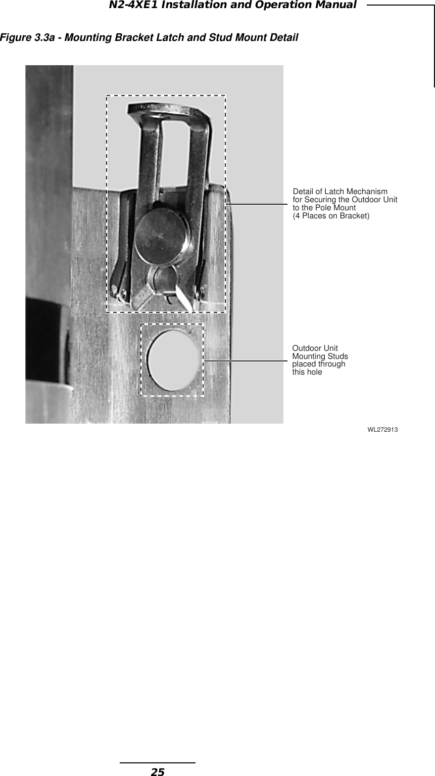25N2-4XE1 Installation and Operation ManualFigure 3.3a - Mounting Bracket Latch and Stud Mount DetailDetail of Latch Mechanismfor Securing the Outdoor Unitto the Pole Mount(4 Places on Bracket)Outdoor UnitMounting Studsplaced throughthis hole WL272913