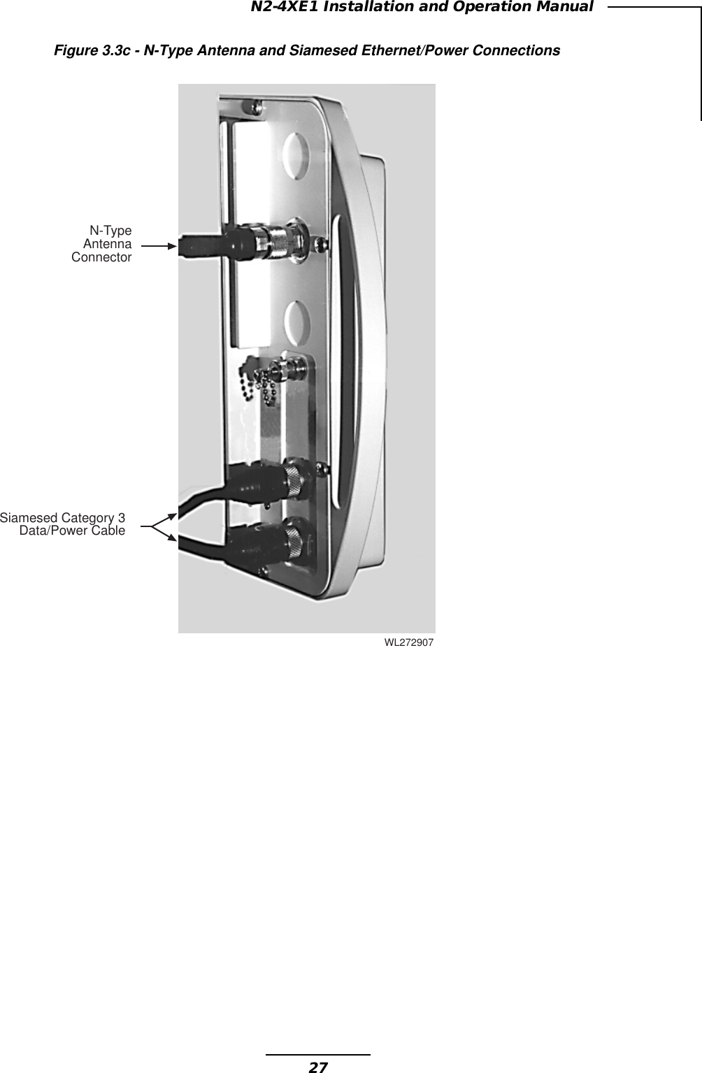 27N2-4XE1 Installation and Operation ManualFigure 3.3c - N-Type Antenna and Siamesed Ethernet/Power ConnectionsWL272907N-TypeAntennaConnectorSiamesed Category 3Data/Power Cable