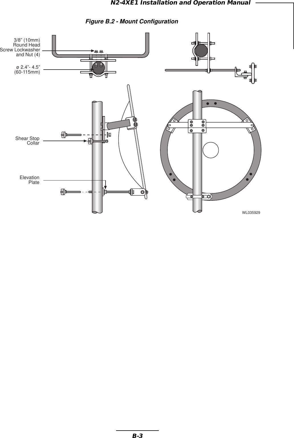 B-3N2-4XE1 Installation and Operation ManualFigure B.2 - Mount ConfigurationWL035929and Nut (4)3/8” (10mm)Round HeadScrew Lockwasherø 2.4”- 4.5”(60-115mm)Shear StopCollarElevationPlate
