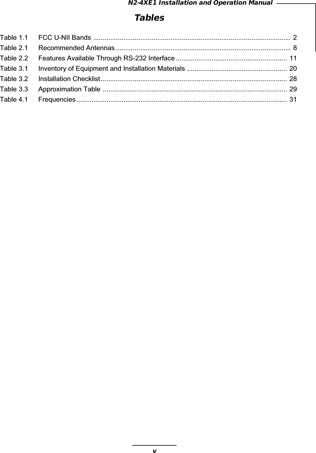 vN2-4XE1 Installation and Operation ManualTablesTable 1.1 FCC U-NII Bands ......................................................................................................... 2Table 2.1 Recommended Antennas ............................................................................................. 8Table 2.2 Features Available Through RS-232 Interface ........................................................... 11Table 3.1 Inventory of Equipment and Installation Materials ..................................................... 20Table 3.2 Installation Checklist................................................................................................... 28Table 3.3 Approximation Table .................................................................................................. 29Table 4.1 Frequencies ................................................................................................................ 31